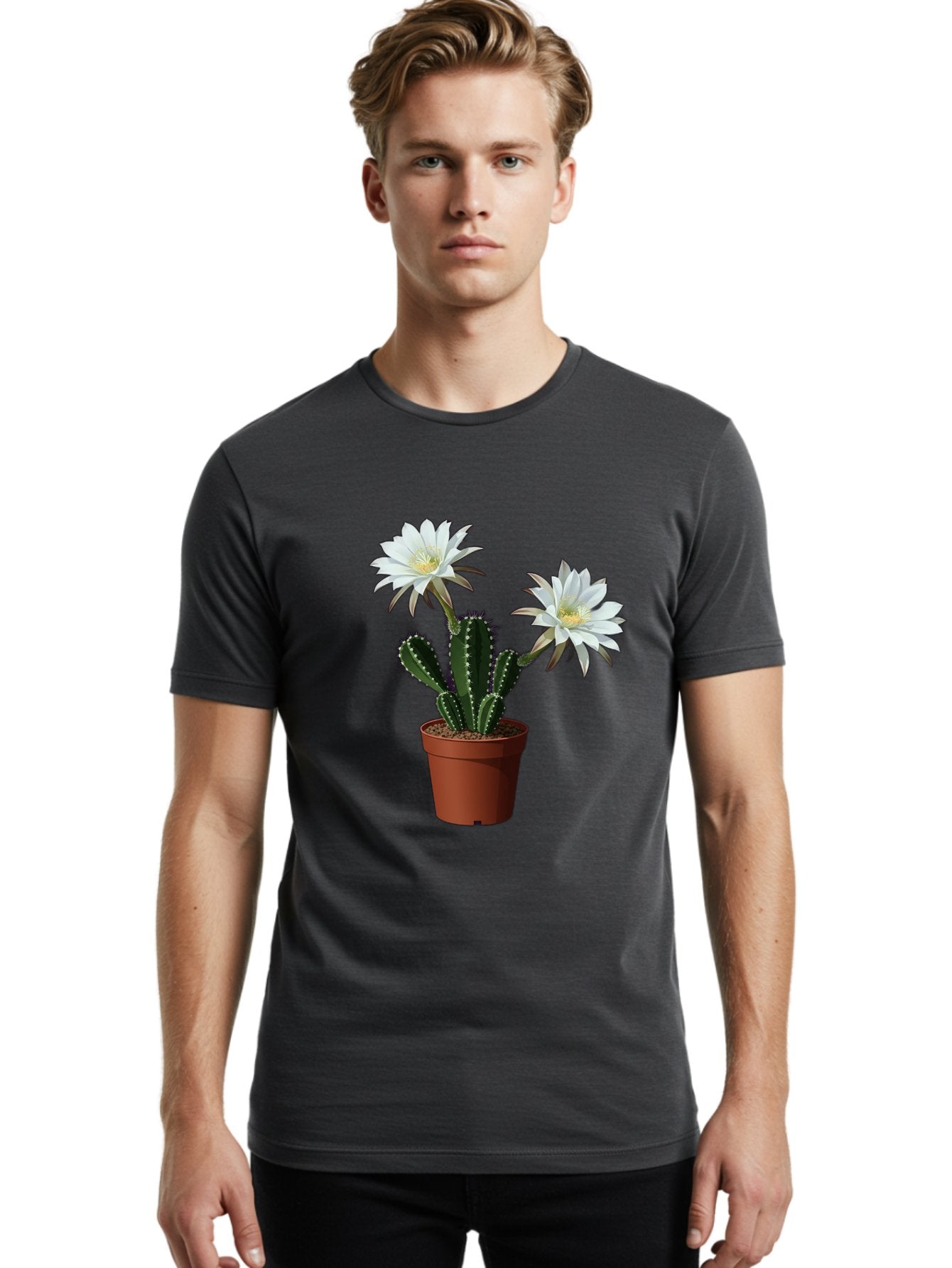 Cactus-Flowers-1 Men'S Graphic Tee, 100% Cotton, Comfortable Casual Summer Wear, Machine Washable, White Cactus Flowers, Cactus In Terracotta Pot, Desert Flora, Succulent Plants, Flowering Cacti, Indoor Plants, Potted Cactus, Blooming Cactus Bac738 28