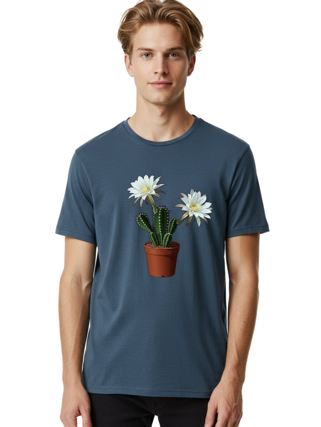 Cactus-Flowers-1 Men'S Graphic Tee, 100% Cotton, Comfortable Casual Summer Wear, Machine Washable, White Cactus Flowers, Cactus In Terracotta Pot, Desert Flora, Succulent Plants, Flowering Cacti, Indoor Plants, Potted Cactus, Blooming Cactus Bac738 23