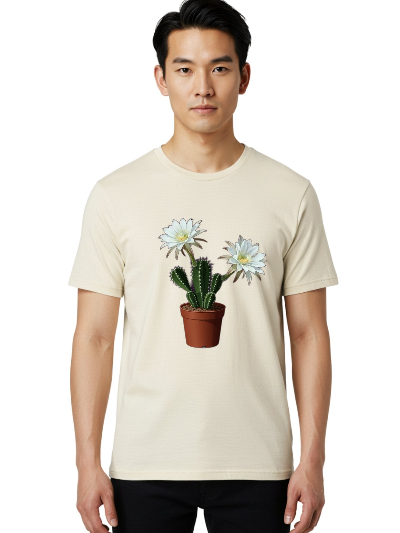 Cactus-Flowers-1 Men'S Graphic Tee, 100% Cotton, Comfortable Casual Summer Wear, Machine Washable, White Cactus Flowers, Cactus In Terracotta Pot, Desert Flora, Succulent Plants, Flowering Cacti, Indoor Plants, Potted Cactus, Blooming Cactus Bac738 22