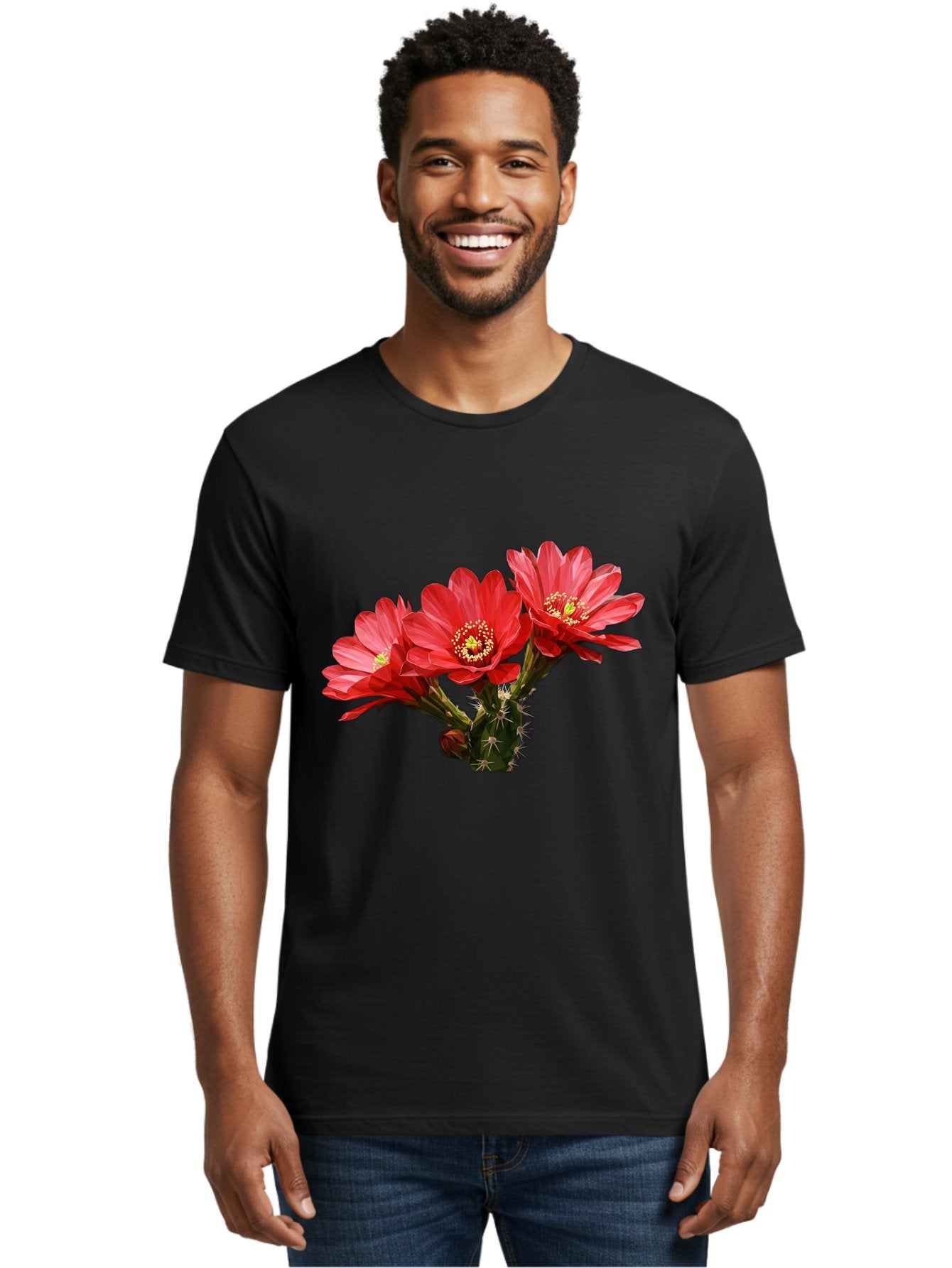 Cactus-Flowers Men'S Graphic Tee, 100% Cotton, Comfortable Casual Summer Wear, Machine Washable, Red Cactus Flowers, Vibrant Petals, Yellow Stamens, Thorny Cactus, Blooming Desert Plant, Exotic Beauty, Floral Arrangement, Cacti With Flowers Bac739 16