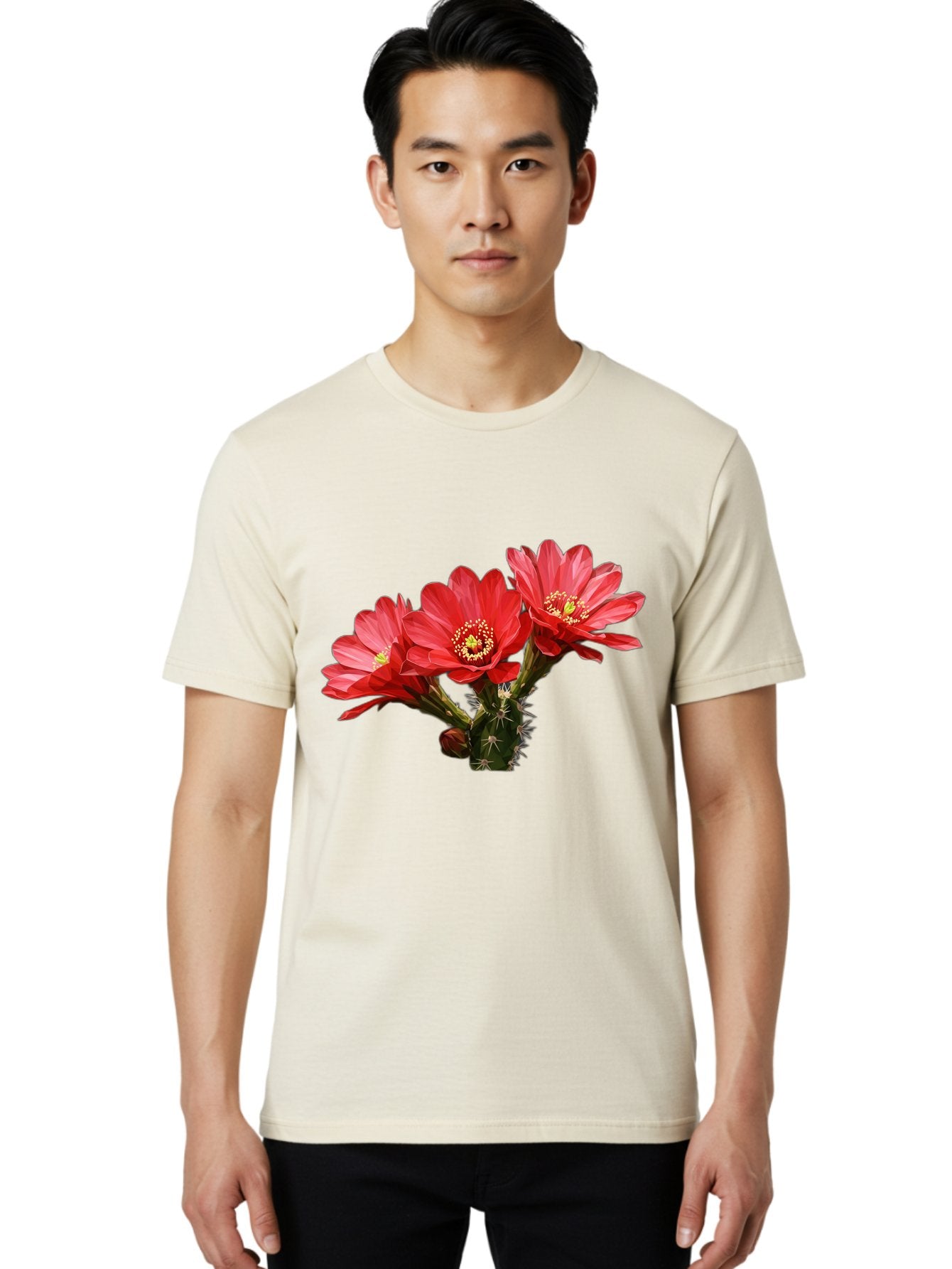 Cactus-Flowers Men'S Graphic Tee, 100% Cotton, Comfortable Casual Summer Wear, Machine Washable, Red Cactus Flowers, Vibrant Petals, Yellow Stamens, Thorny Cactus, Blooming Desert Plant, Exotic Beauty, Floral Arrangement, Cacti With Flowers Bac739 25