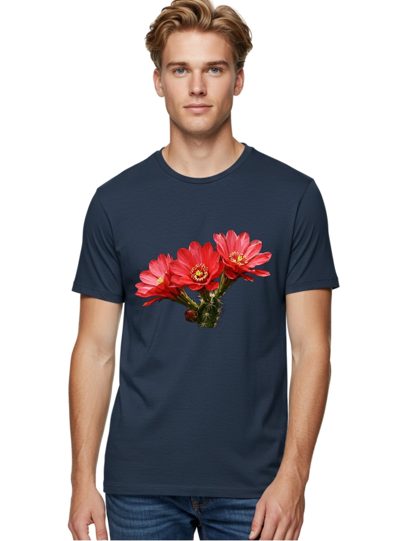Cactus-Flowers Men'S Graphic Tee, 100% Cotton, Comfortable Casual Summer Wear, Machine Washable, Red Cactus Flowers, Vibrant Petals, Yellow Stamens, Thorny Cactus, Blooming Desert Plant, Exotic Beauty, Floral Arrangement, Cacti With Flowers Bac739 24