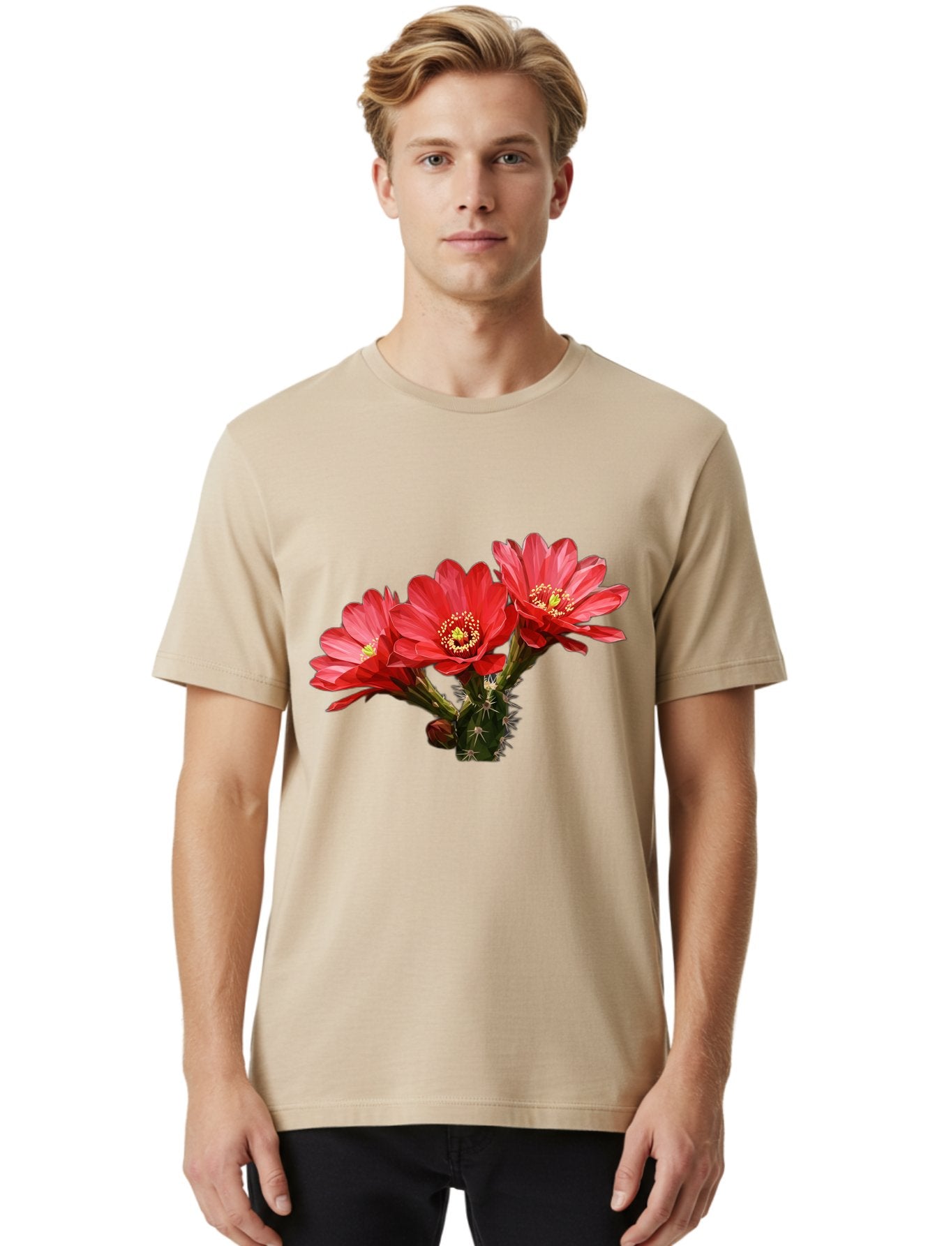 Cactus-Flowers Men'S Graphic Tee, 100% Cotton, Comfortable Casual Summer Wear, Machine Washable, Red Cactus Flowers, Vibrant Petals, Yellow Stamens, Thorny Cactus, Blooming Desert Plant, Exotic Beauty, Floral Arrangement, Cacti With Flowers Bac739 22