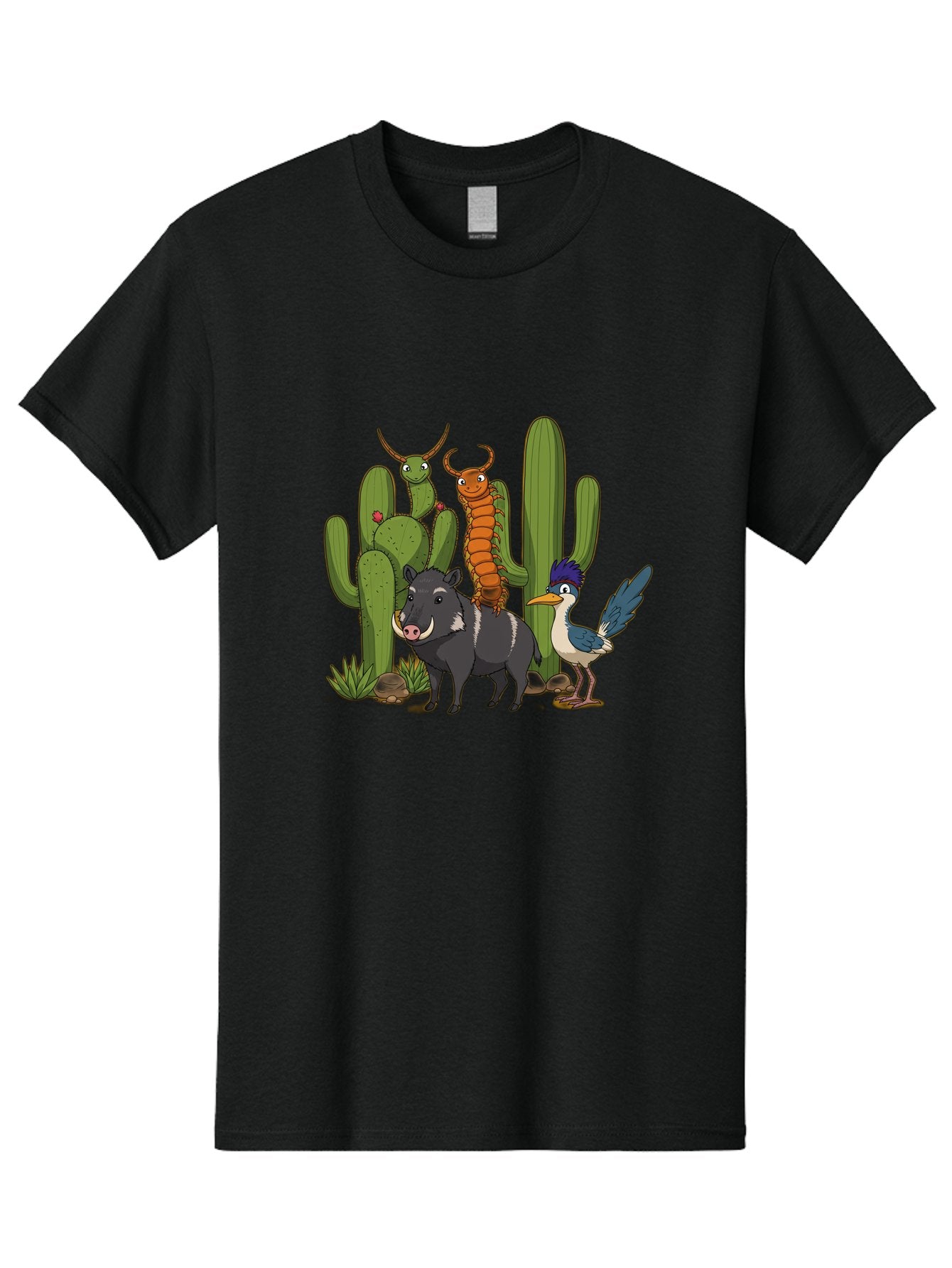 Cactus-Friends Men'S Graphic Tee, 100% Cotton, Comfortable Casual Summer Wear, Machine Washable, Desert Wildlife, Cactus Plants, Cartoon Animals, Pig, Bird, Insects, Funny Creatures, 2D Illustration, Arid Landscape, Vibrant Colors, Bac741 12