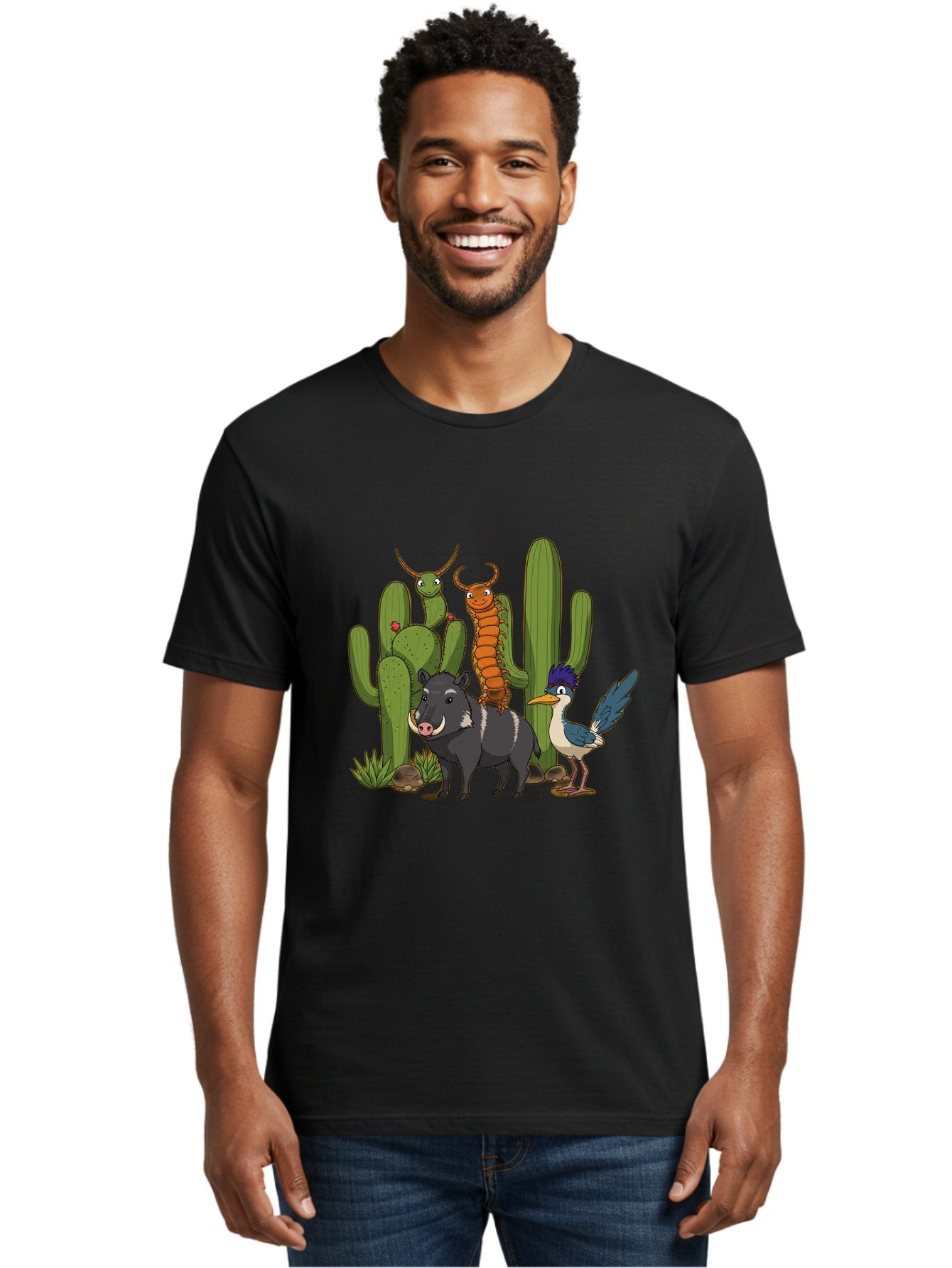 Cactus-Friends Men'S Graphic Tee, 100% Cotton, Comfortable Casual Summer Wear, Machine Washable, Desert Wildlife, Cactus Plants, Cartoon Animals, Pig, Bird, Insects, Funny Creatures, 2D Illustration, Arid Landscape, Vibrant Colors, Bac741 28