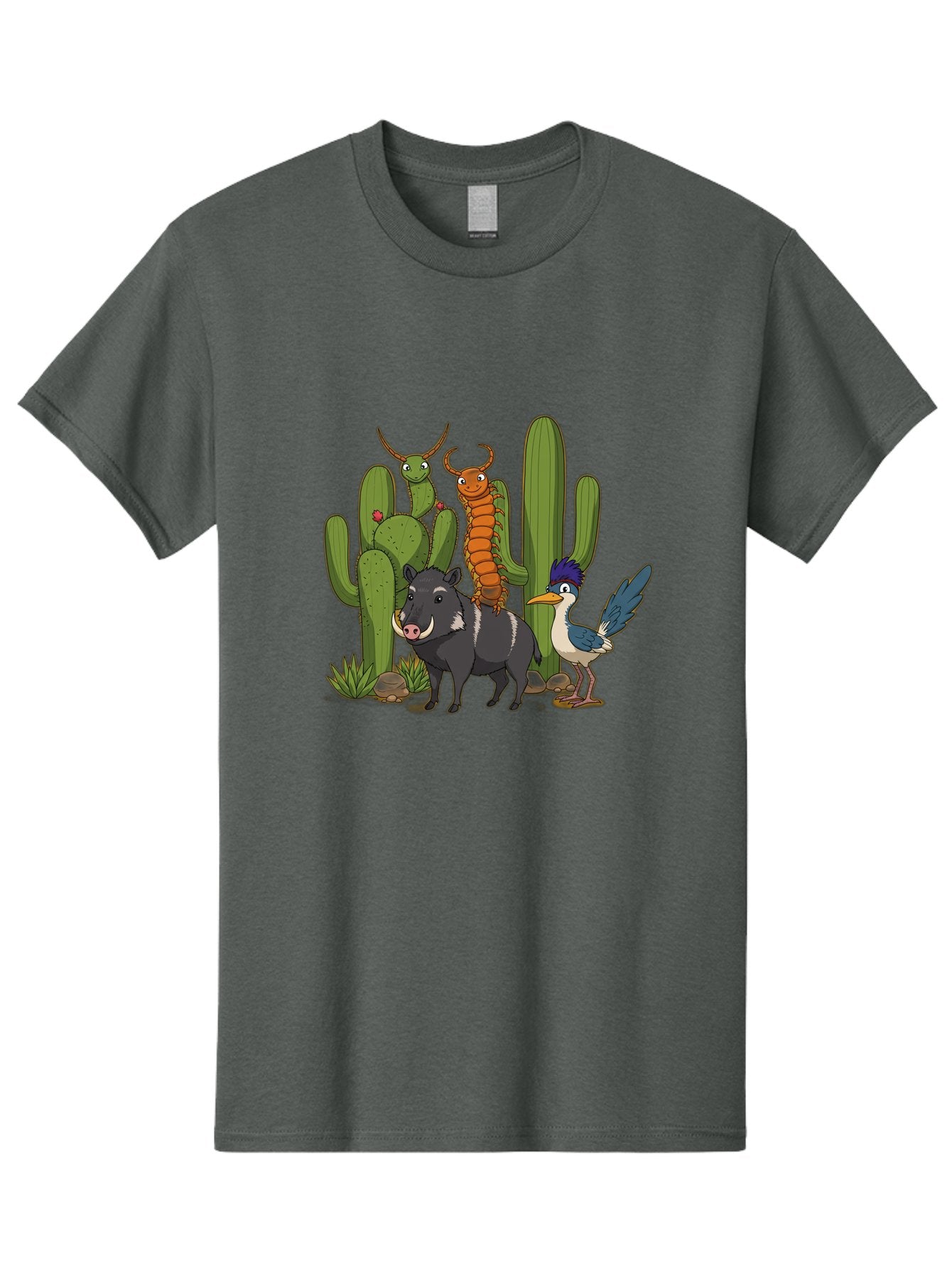 Cactus-Friends Men'S Graphic Tee, 100% Cotton, Comfortable Casual Summer Wear, Machine Washable, Desert Wildlife, Cactus Plants, Cartoon Animals, Pig, Bird, Insects, Funny Creatures, 2D Illustration, Arid Landscape, Vibrant Colors, Bac741 3