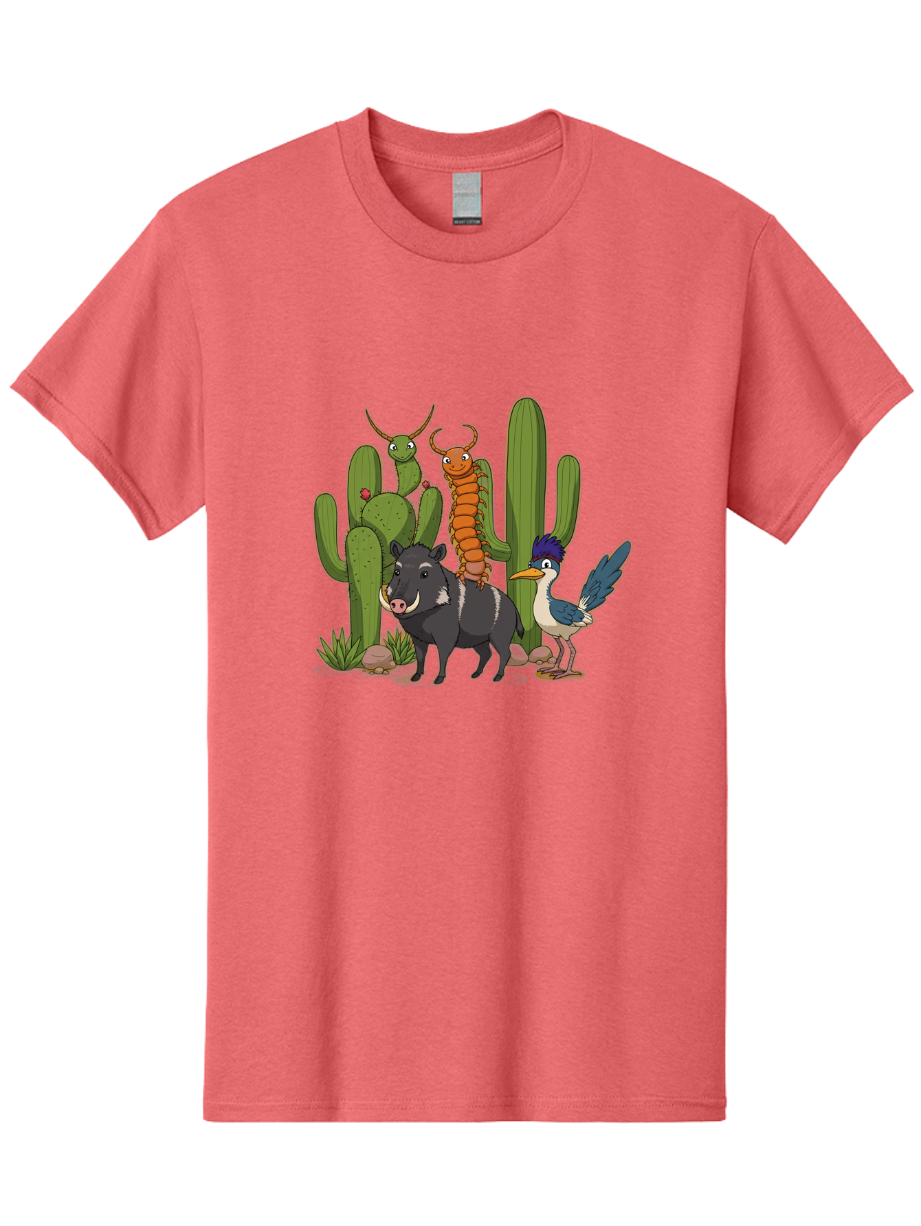 Cactus-Friends Men'S Graphic Tee, 100% Cotton, Comfortable Casual Summer Wear, Machine Washable, Desert Wildlife, Cactus Plants, Cartoon Animals, Pig, Bird, Insects, Funny Creatures, 2D Illustration, Arid Landscape, Vibrant Colors, Bac741 11