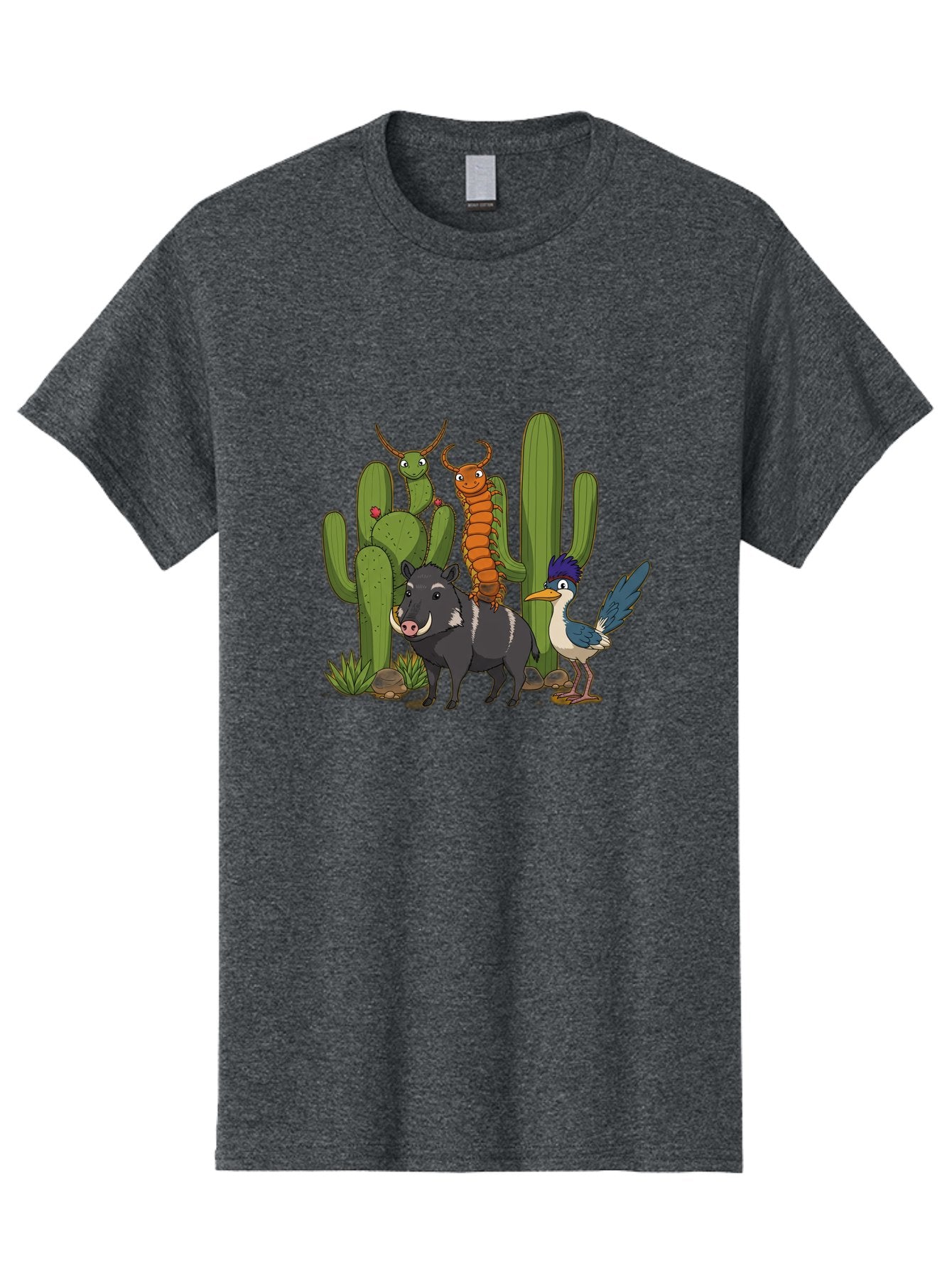 Cactus-Friends Men'S Graphic Tee, 100% Cotton, Comfortable Casual Summer Wear, Machine Washable, Desert Wildlife, Cactus Plants, Cartoon Animals, Pig, Bird, Insects, Funny Creatures, 2D Illustration, Arid Landscape, Vibrant Colors, Bac741