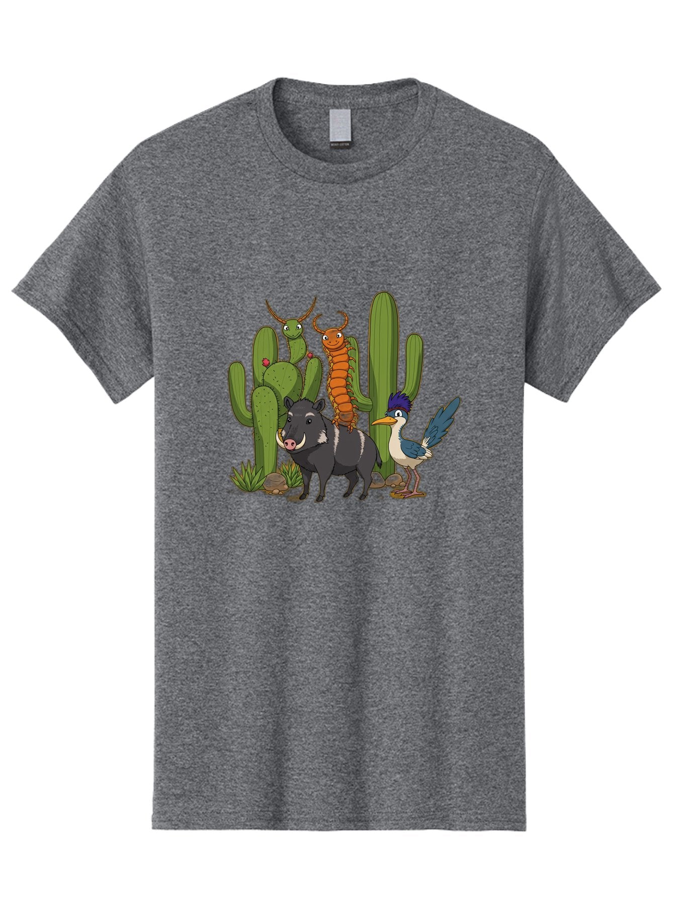 Cactus-Friends Men'S Graphic Tee, 100% Cotton, Comfortable Casual Summer Wear, Machine Washable, Desert Wildlife, Cactus Plants, Cartoon Animals, Pig, Bird, Insects, Funny Creatures, 2D Illustration, Arid Landscape, Vibrant Colors, Bac741 5