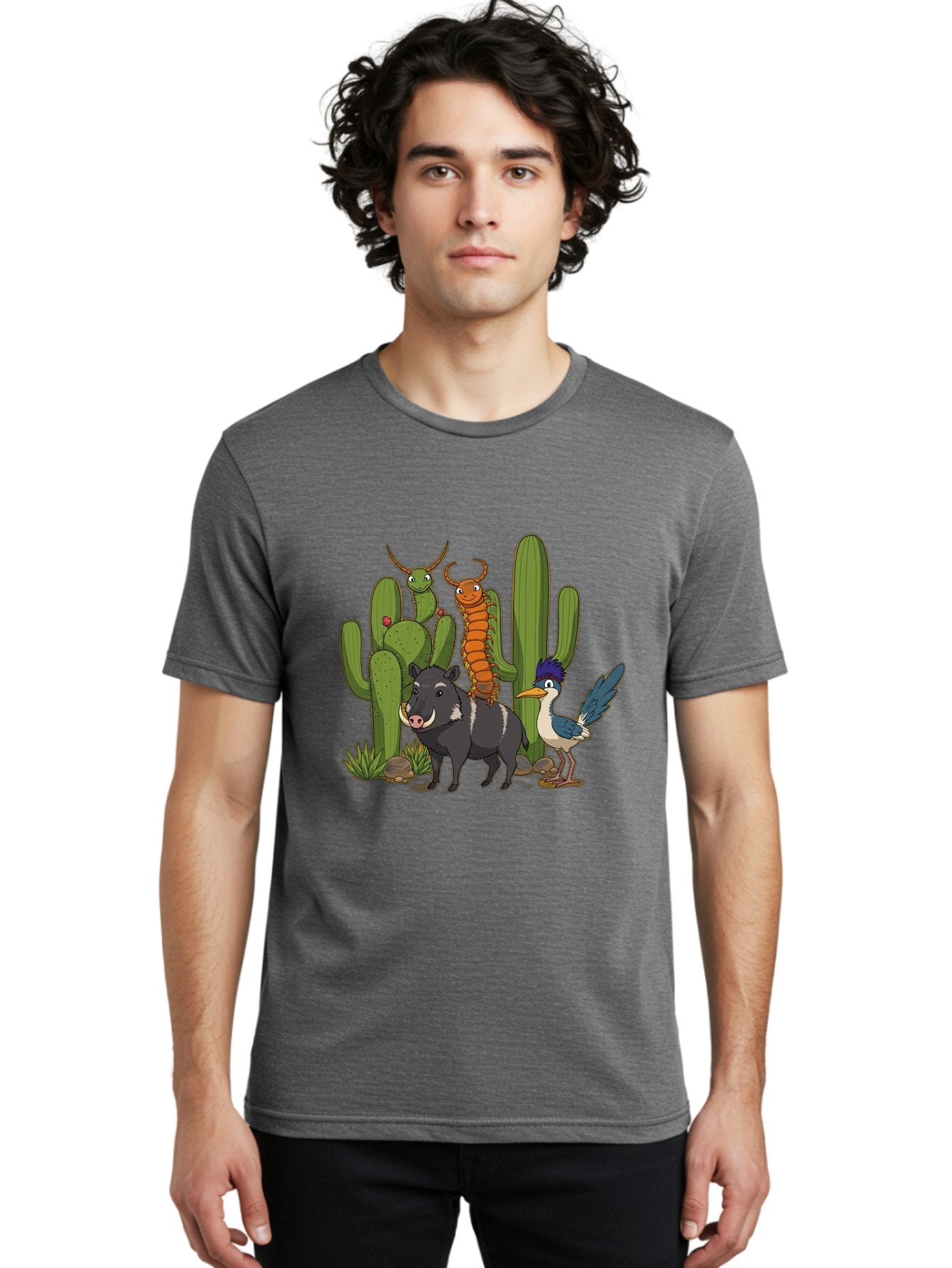 Cactus-Friends Men'S Graphic Tee, 100% Cotton, Comfortable Casual Summer Wear, Machine Washable, Desert Wildlife, Cactus Plants, Cartoon Animals, Pig, Bird, Insects, Funny Creatures, 2D Illustration, Arid Landscape, Vibrant Colors, Bac741 23