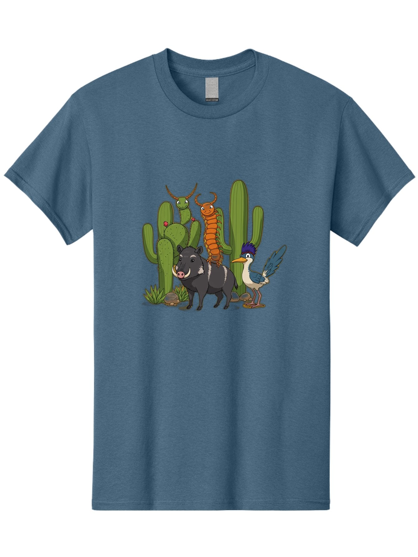 Cactus-Friends Men'S Graphic Tee, 100% Cotton, Comfortable Casual Summer Wear, Machine Washable, Desert Wildlife, Cactus Plants, Cartoon Animals, Pig, Bird, Insects, Funny Creatures, 2D Illustration, Arid Landscape, Vibrant Colors, Bac741 6