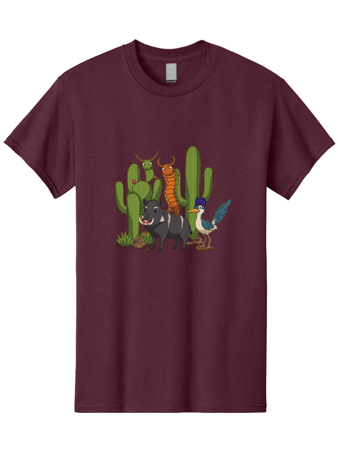 Cactus-Friends Men'S Graphic Tee, 100% Cotton, Comfortable Casual Summer Wear, Machine Washable, Desert Wildlife, Cactus Plants, Cartoon Animals, Pig, Bird, Insects, Funny Creatures, 2D Illustration, Arid Landscape, Vibrant Colors, Bac741 8