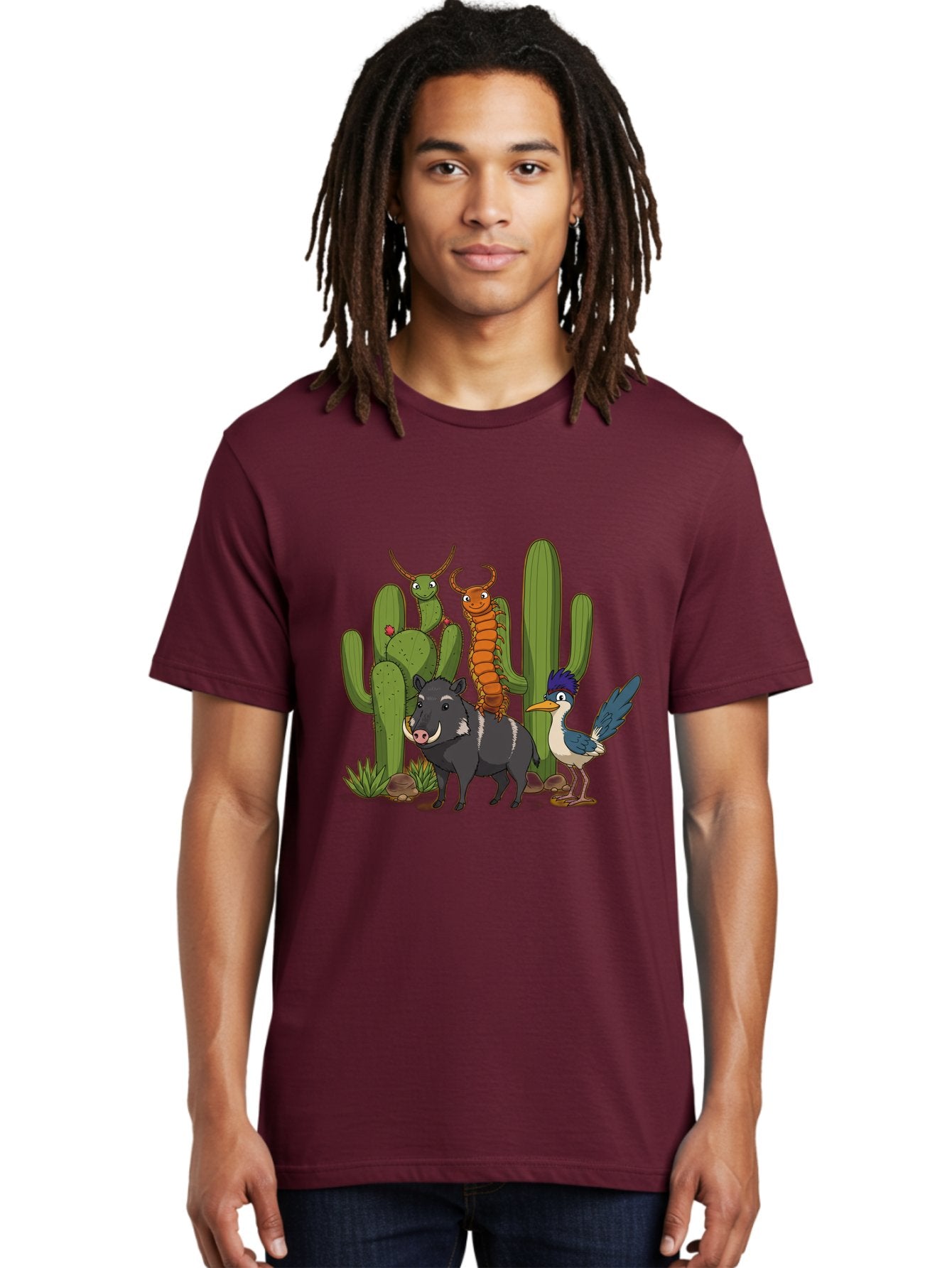 Cactus-Friends Men'S Graphic Tee, 100% Cotton, Comfortable Casual Summer Wear, Machine Washable, Desert Wildlife, Cactus Plants, Cartoon Animals, Pig, Bird, Insects, Funny Creatures, 2D Illustration, Arid Landscape, Vibrant Colors, Bac741 25