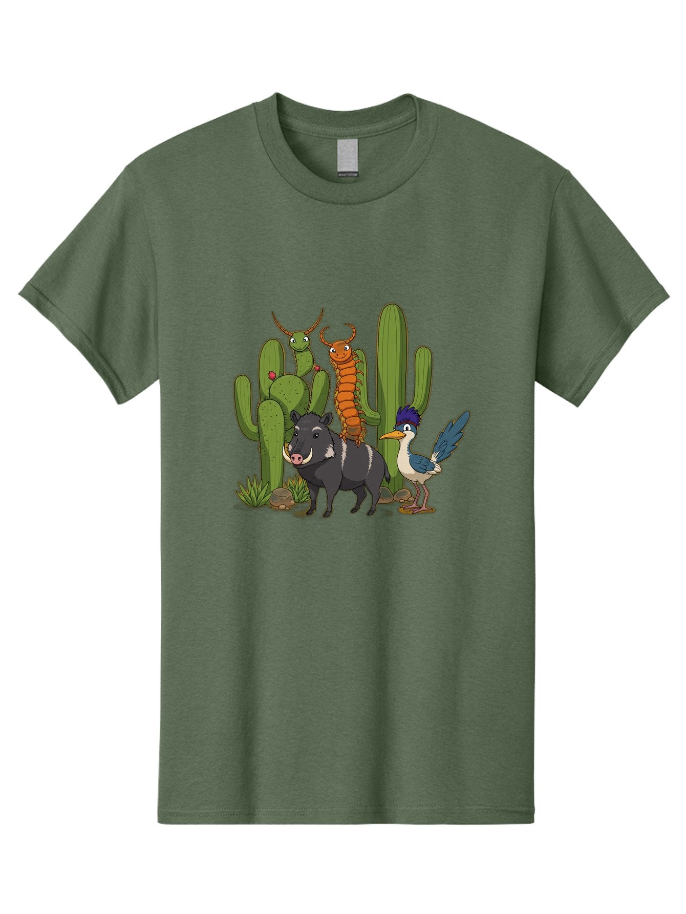 Cactus-Friends Men'S Graphic Tee, 100% Cotton, Comfortable Casual Summer Wear, Machine Washable, Desert Wildlife, Cactus Plants, Cartoon Animals, Pig, Bird, Insects, Funny Creatures, 2D Illustration, Arid Landscape, Vibrant Colors, Bac741 4