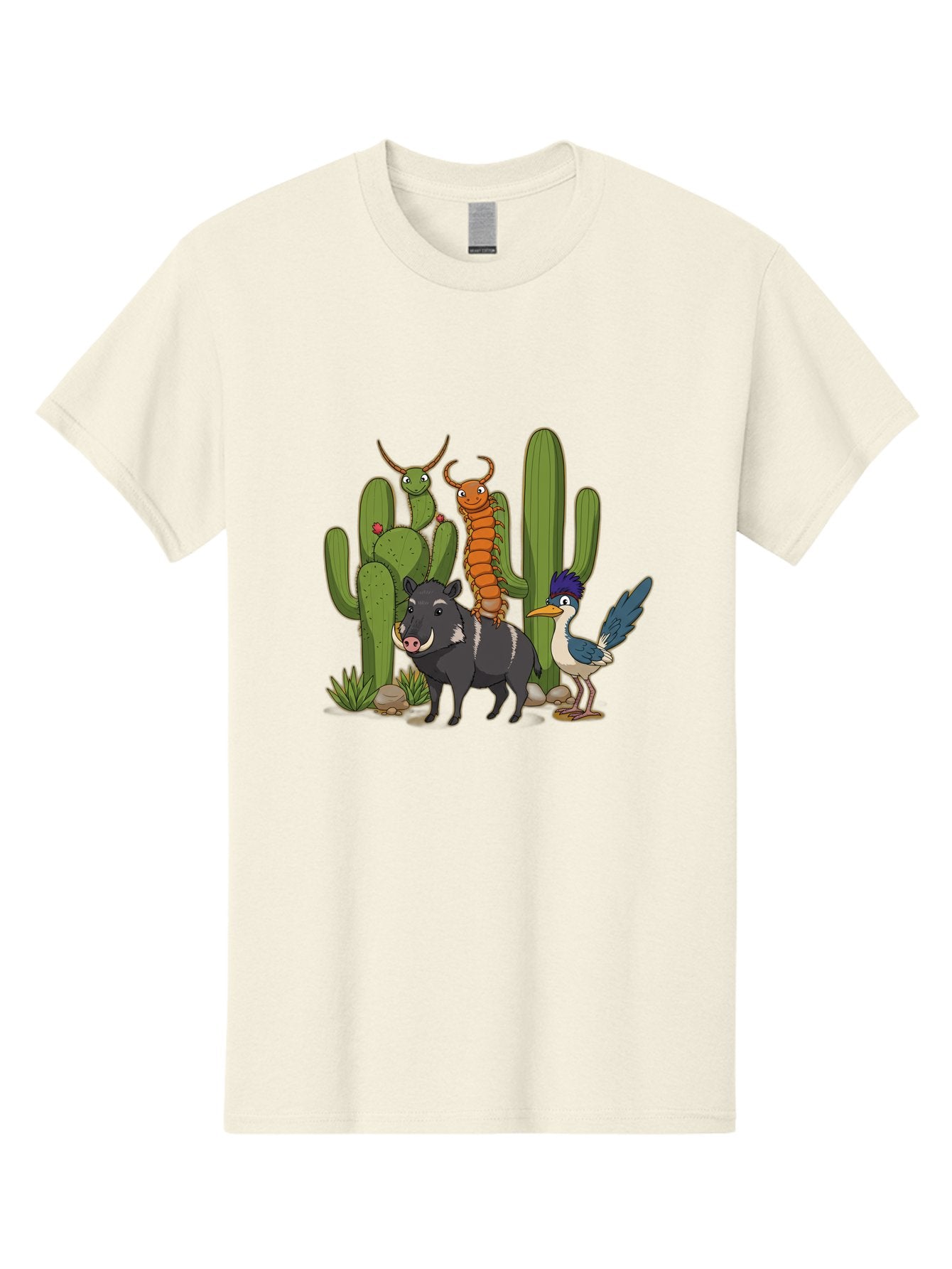Cactus-Friends Men'S Graphic Tee, 100% Cotton, Comfortable Casual Summer Wear, Machine Washable, Desert Wildlife, Cactus Plants, Cartoon Animals, Pig, Bird, Insects, Funny Creatures, 2D Illustration, Arid Landscape, Vibrant Colors, Bac741 13