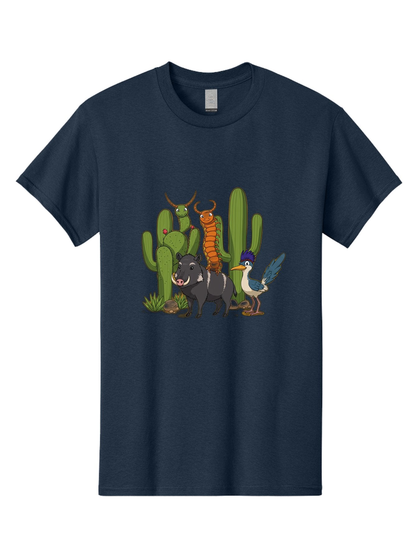 Cactus-Friends Men'S Graphic Tee, 100% Cotton, Comfortable Casual Summer Wear, Machine Washable, Desert Wildlife, Cactus Plants, Cartoon Animals, Pig, Bird, Insects, Funny Creatures, 2D Illustration, Arid Landscape, Vibrant Colors, Bac741 10