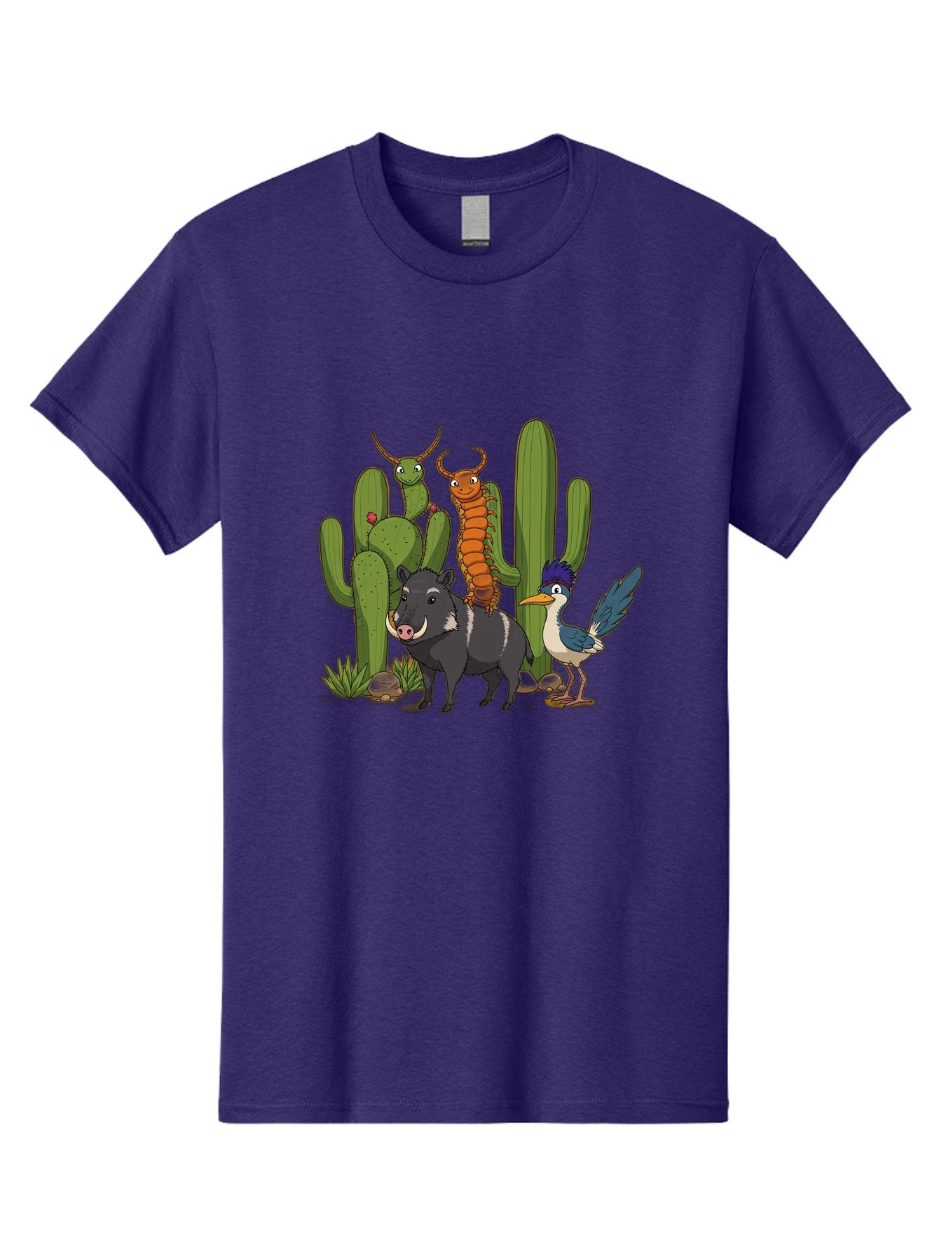 Cactus-Friends Men'S Graphic Tee, 100% Cotton, Comfortable Casual Summer Wear, Machine Washable, Desert Wildlife, Cactus Plants, Cartoon Animals, Pig, Bird, Insects, Funny Creatures, 2D Illustration, Arid Landscape, Vibrant Colors, Bac741 7