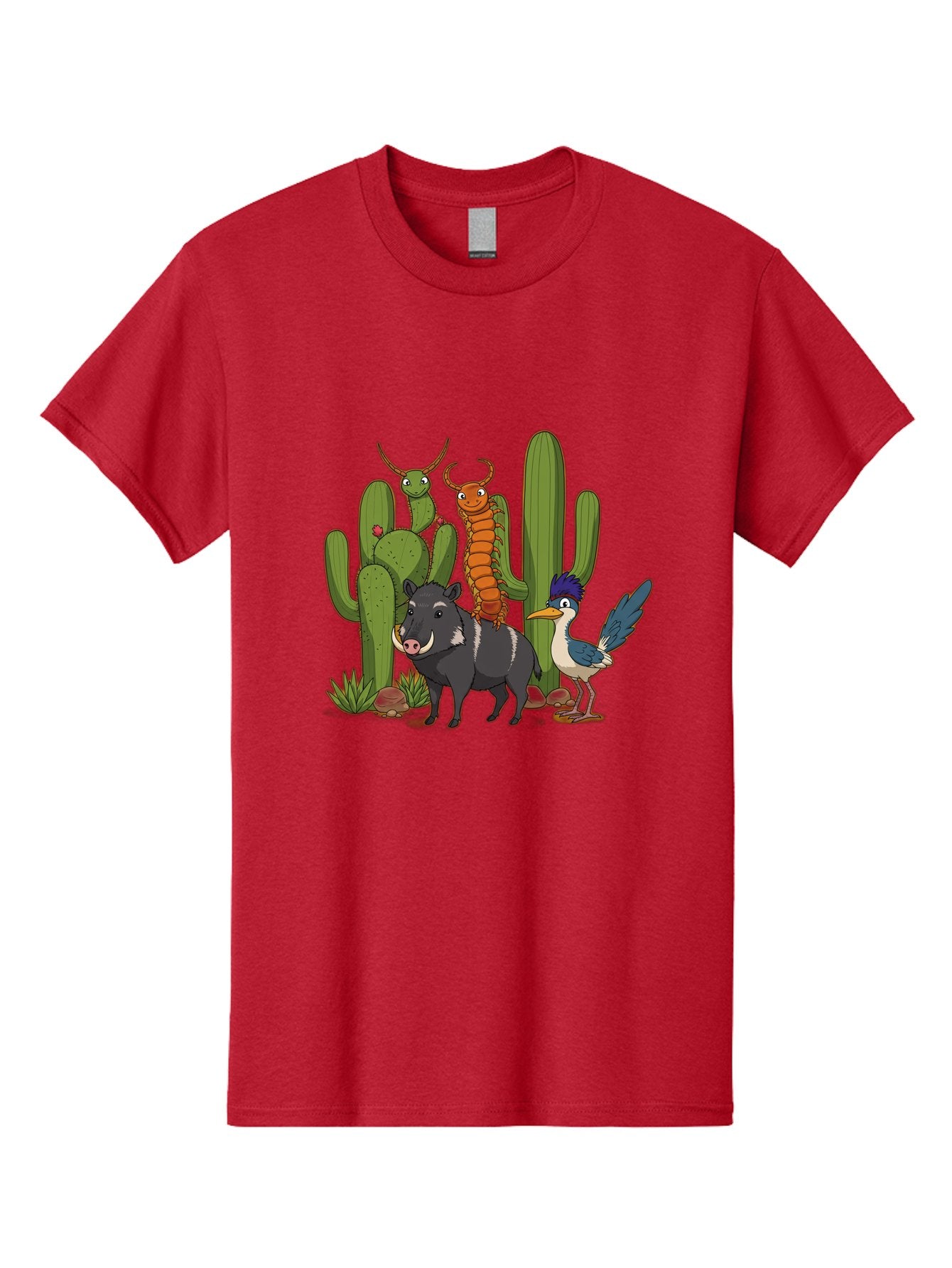 Cactus-Friends Men'S Graphic Tee, 100% Cotton, Comfortable Casual Summer Wear, Machine Washable, Desert Wildlife, Cactus Plants, Cartoon Animals, Pig, Bird, Insects, Funny Creatures, 2D Illustration, Arid Landscape, Vibrant Colors, Bac741 9