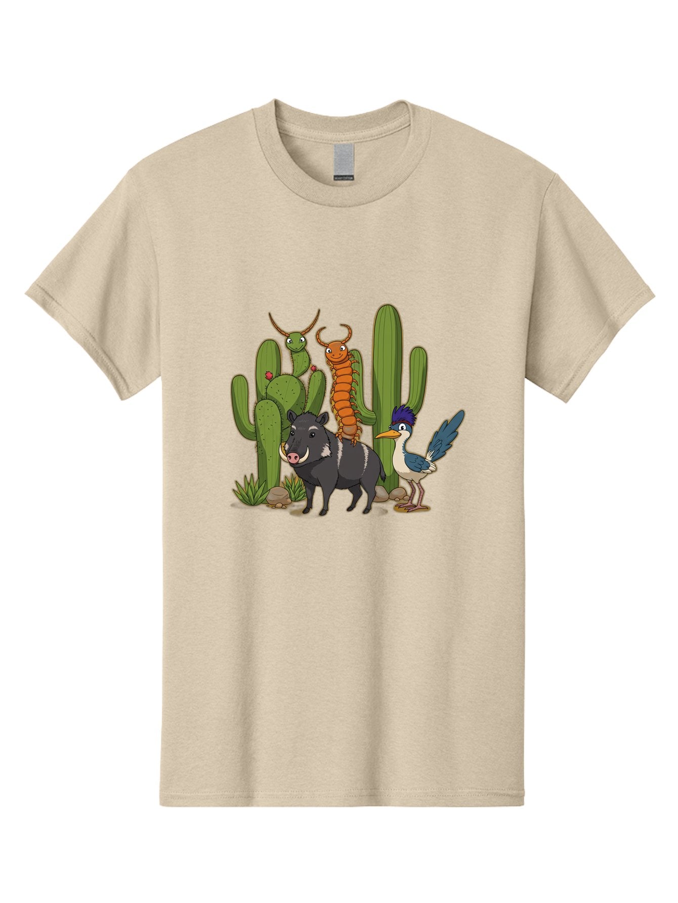 Cactus-Friends Men'S Graphic Tee, 100% Cotton, Comfortable Casual Summer Wear, Machine Washable, Desert Wildlife, Cactus Plants, Cartoon Animals, Pig, Bird, Insects, Funny Creatures, 2D Illustration, Arid Landscape, Vibrant Colors, Bac741 15
