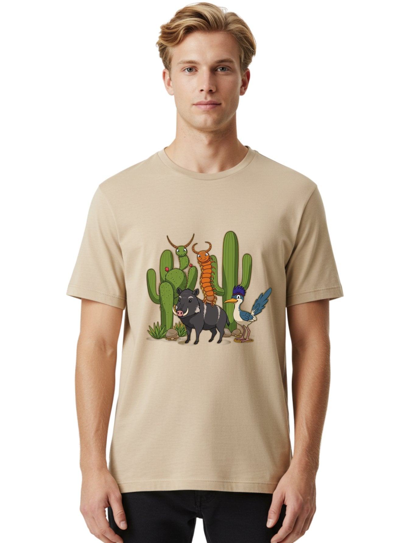 Cactus-Friends Men'S Graphic Tee, 100% Cotton, Comfortable Casual Summer Wear, Machine Washable, Desert Wildlife, Cactus Plants, Cartoon Animals, Pig, Bird, Insects, Funny Creatures, 2D Illustration, Arid Landscape, Vibrant Colors, Bac741 30