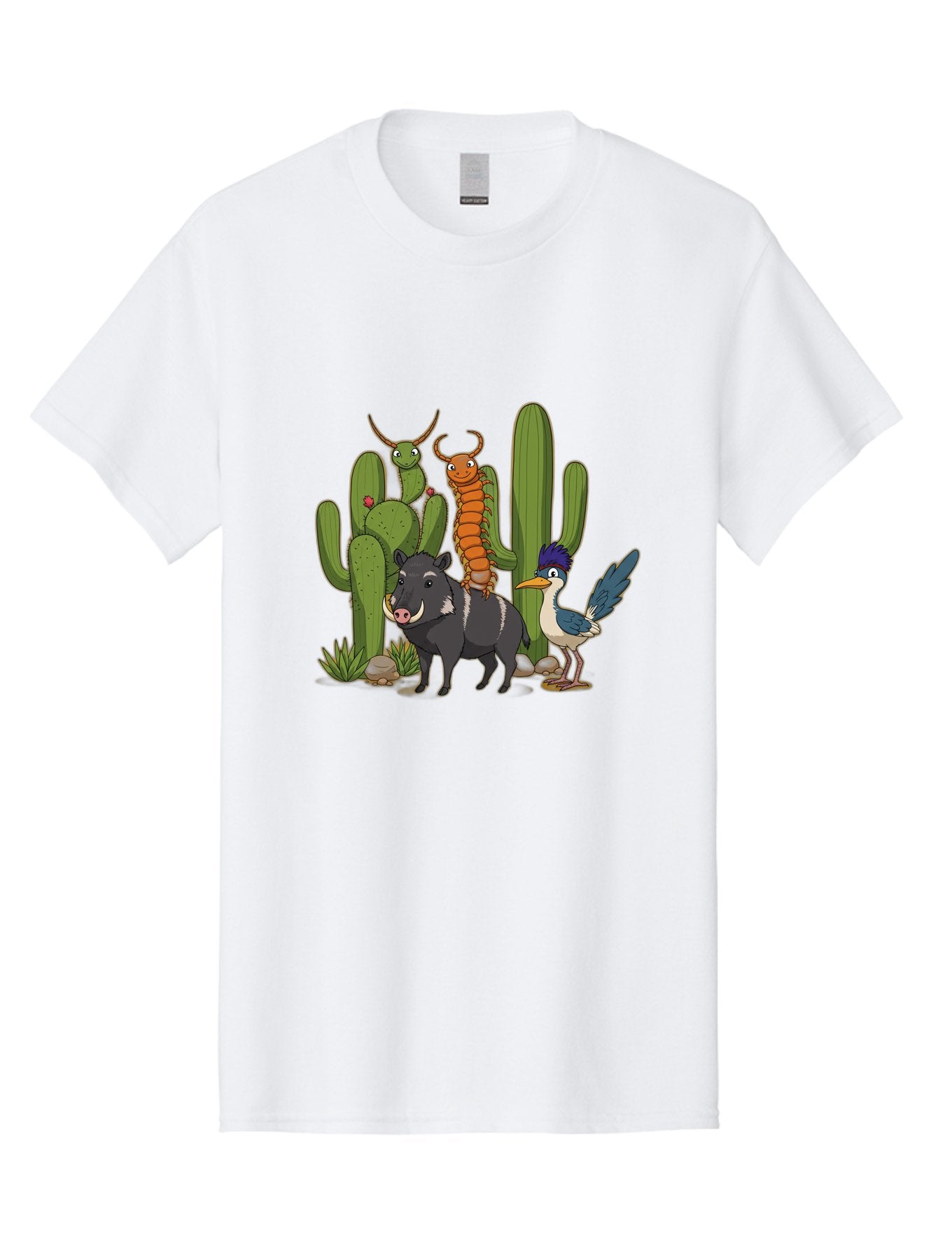 Cactus-Friends Men'S Graphic Tee, 100% Cotton, Comfortable Casual Summer Wear, Machine Washable, Desert Wildlife, Cactus Plants, Cartoon Animals, Pig, Bird, Insects, Funny Creatures, 2D Illustration, Arid Landscape, Vibrant Colors, Bac741 14