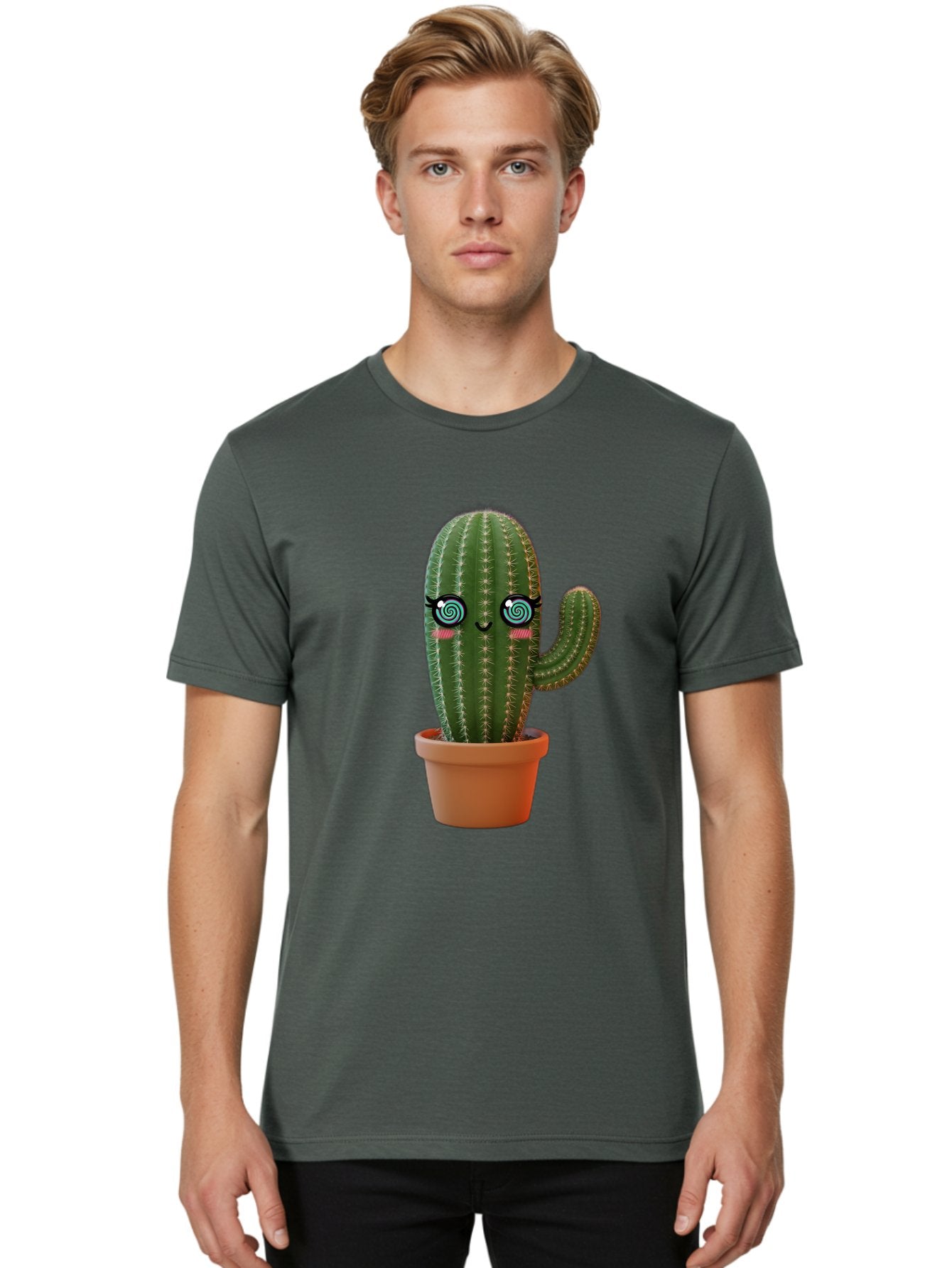 Cactus-Girl Men'S Graphic Tee, 100% Cotton, Comfortable Casual Summer Wear, Machine Washable, Cartoon Cactus, Potted Plant, Kawaii Character, Cacti, Succulent, Digital Art, Quirky Design, Cute Illustration, Fun Home Decor Bac742 29