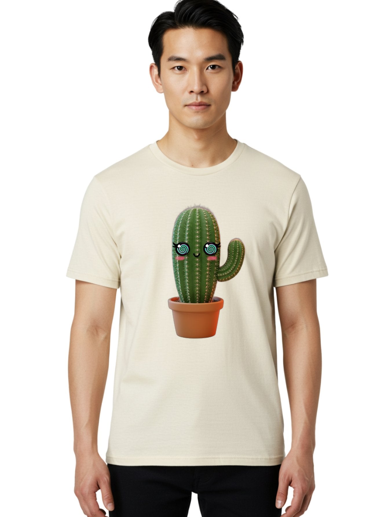 Cactus-Girl Men'S Graphic Tee, 100% Cotton, Comfortable Casual Summer Wear, Machine Washable, Cartoon Cactus, Potted Plant, Kawaii Character, Cacti, Succulent, Digital Art, Quirky Design, Cute Illustration, Fun Home Decor Bac742 26