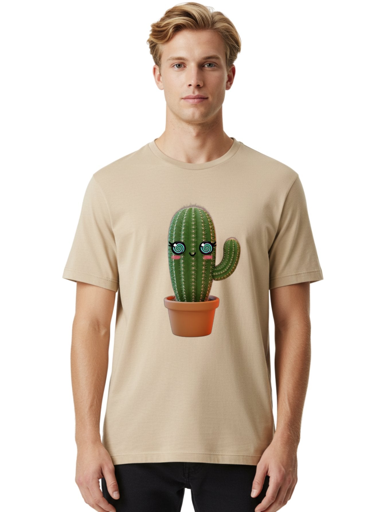 Cactus-Girl Men'S Graphic Tee, 100% Cotton, Comfortable Casual Summer Wear, Machine Washable, Cartoon Cactus, Potted Plant, Kawaii Character, Cacti, Succulent, Digital Art, Quirky Design, Cute Illustration, Fun Home Decor Bac742 27