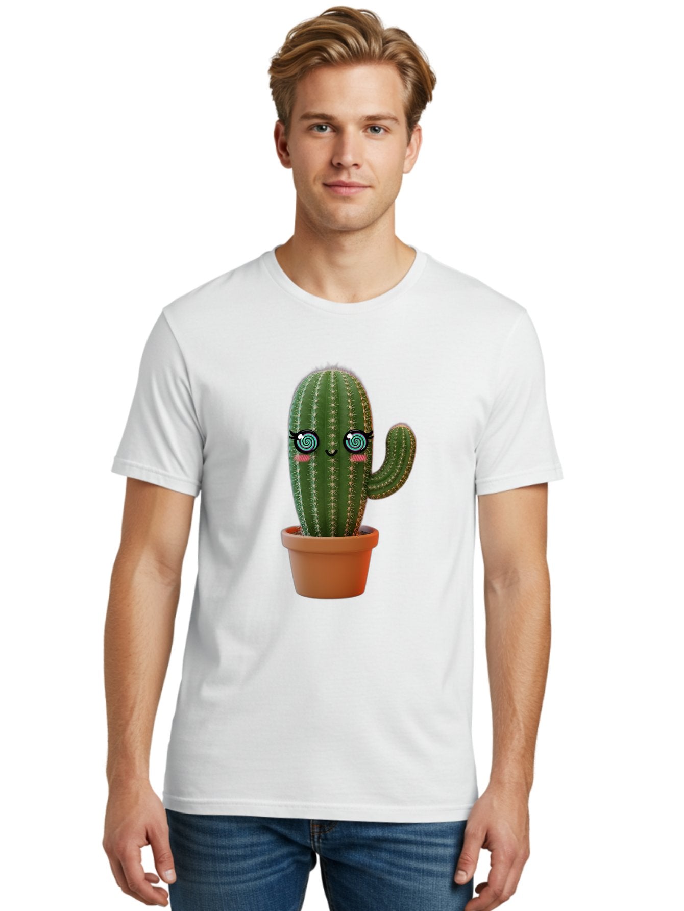 Cactus-Girl Men'S Graphic Tee, 100% Cotton, Comfortable Casual Summer Wear, Machine Washable, Cartoon Cactus, Potted Plant, Kawaii Character, Cacti, Succulent, Digital Art, Quirky Design, Cute Illustration, Fun Home Decor Bac742 30