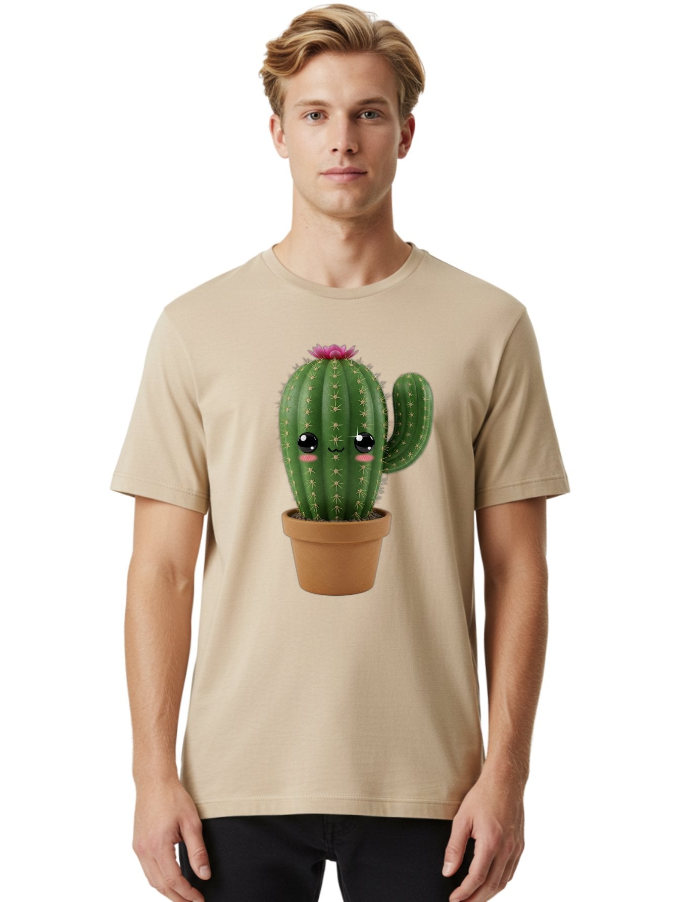 Cactus-In-Pot-1 Men'S Graphic Tee, 100% Cotton, Comfortable Casual Summer Wear, Machine Washable, Cute Cactus, Cartoon Character, Potted Plant, Desert Flora, Green Cactus, Kawaii Design, Adorable Face, Spiky Texture, Terracotta Pot, Bac744 25