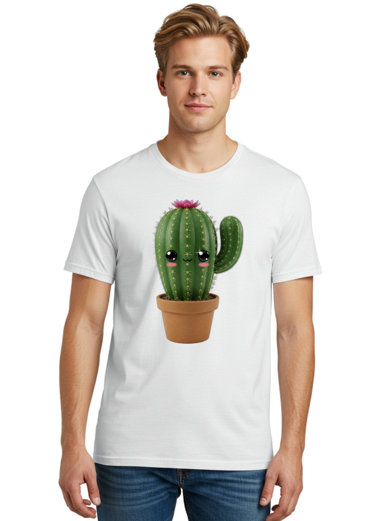 Cactus-In-Pot-1 Men'S Graphic Tee, 100% Cotton, Comfortable Casual Summer Wear, Machine Washable, Cute Cactus, Cartoon Character, Potted Plant, Desert Flora, Green Cactus, Kawaii Design, Adorable Face, Spiky Texture, Terracotta Pot, Bac744 20