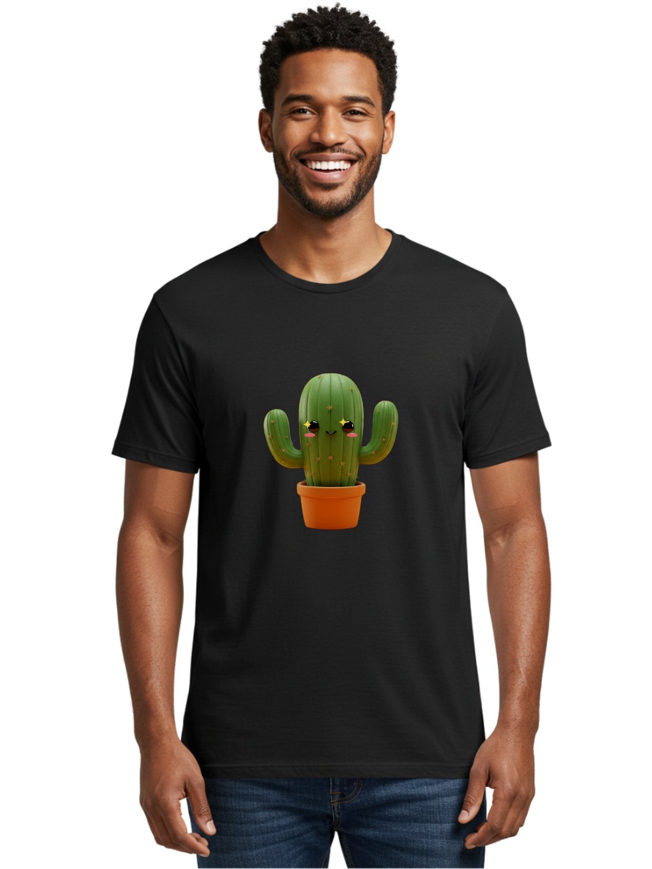 Cactus-In-Pot-2 Men'S Graphic Tee, 100% Cotton, Comfortable Casual Summer Wear, Machine Washable, Cartoon Cactus, Kawaii Cactus, Cactus In Pot, Cute Desert Plant, Funny Face, Quirky Character, Yellow Stars, Rosy Cheeks, Digital Art, Fun Design Bac745 19