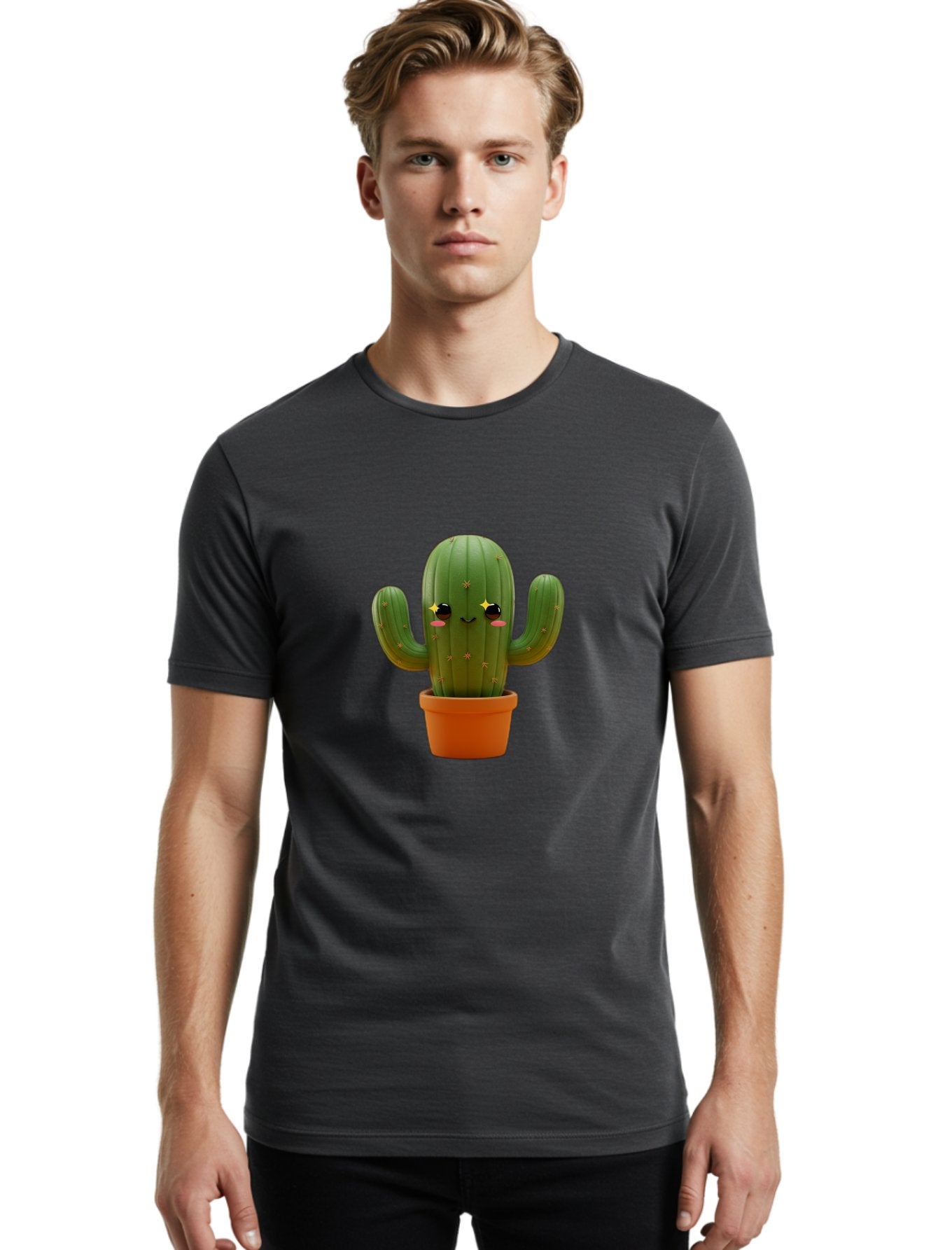 Cactus-In-Pot-2 Men'S Graphic Tee, 100% Cotton, Comfortable Casual Summer Wear, Machine Washable, Cartoon Cactus, Kawaii Cactus, Cactus In Pot, Cute Desert Plant, Funny Face, Quirky Character, Yellow Stars, Rosy Cheeks, Digital Art, Fun Design Bac745 24