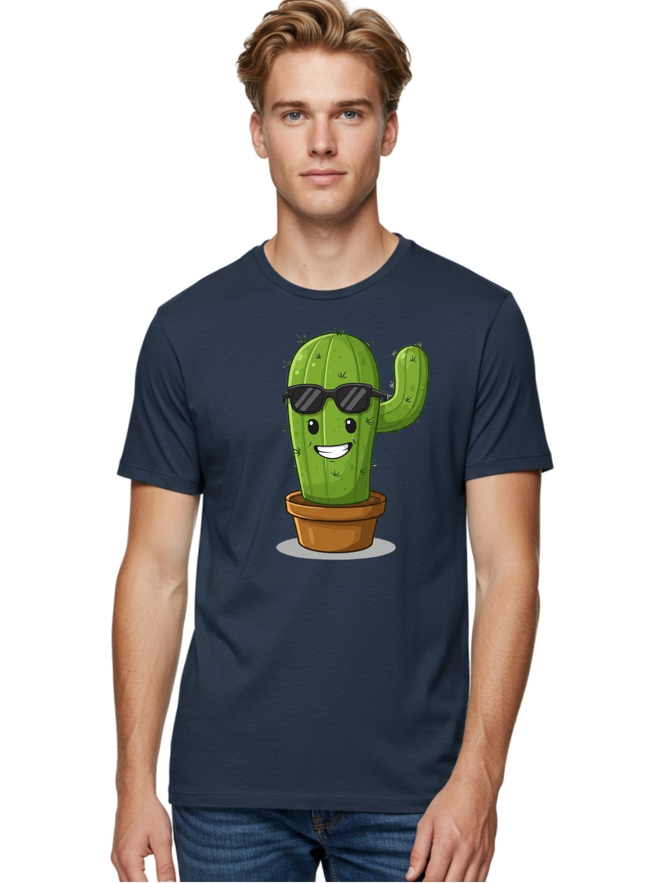 Cactus-In-Shades Men'S Graphic Tee, 100% Cotton, Comfortable Casual Summer Wear, Machine Washable, Cartoon Cactus, Cactus Character, Sunglasses, Potted Plant, Quirky Design, Fun Illustration, Desert Plant, Cool Cactus, Happy Face Bac749 24