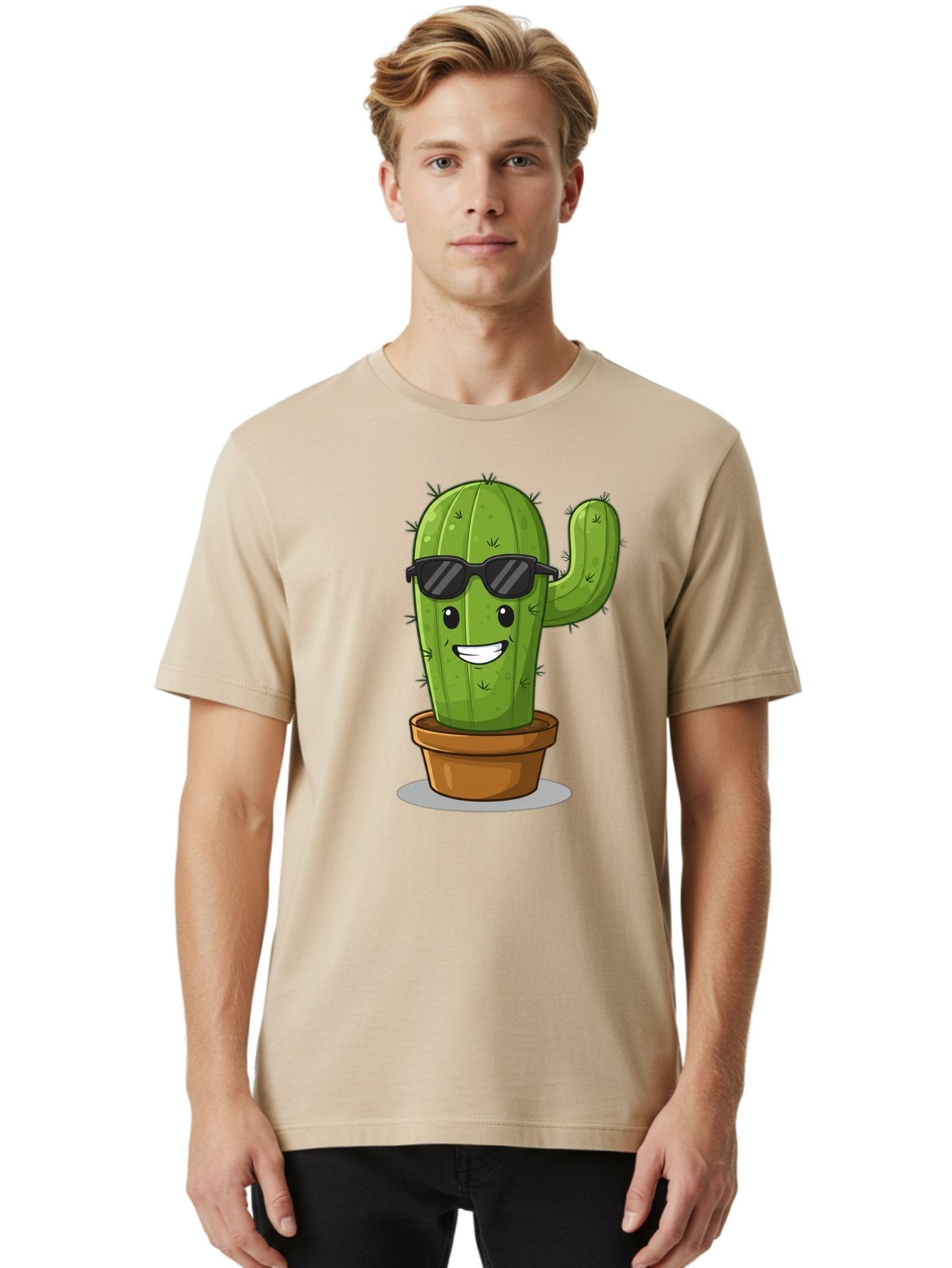Cactus-In-Shades Men'S Graphic Tee, 100% Cotton, Comfortable Casual Summer Wear, Machine Washable, Cartoon Cactus, Cactus Character, Sunglasses, Potted Plant, Quirky Design, Fun Illustration, Desert Plant, Cool Cactus, Happy Face Bac749 27