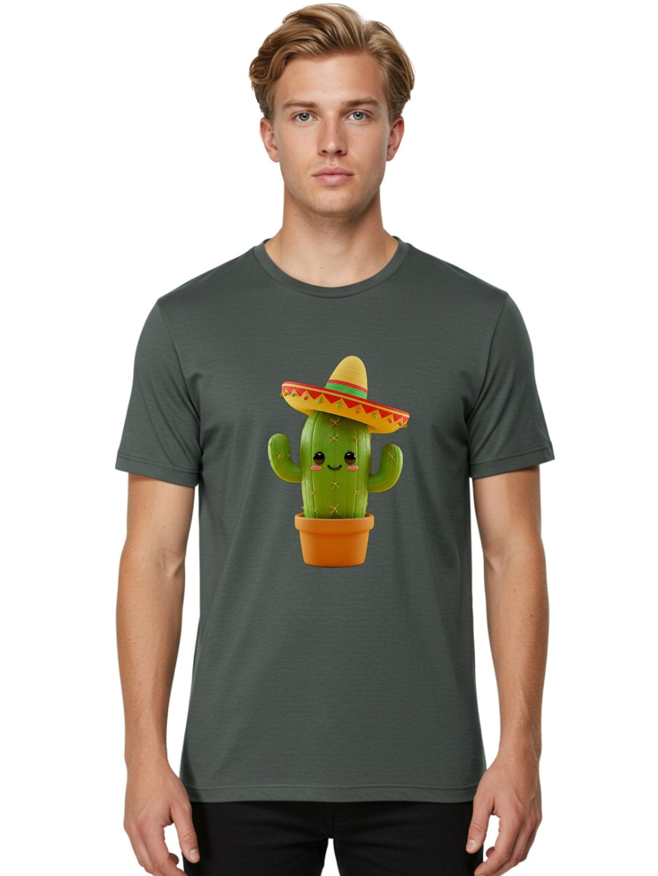 Cactus-In-Sombrero Men'S Graphic Tee, 100% Cotton, Comfortable Casual Summer Wear, Machine Washable, Cartoon Cactus, Smiling Face, Sombrero Hat, Terracotta Pot, Festive Decor, Mexican Culture, Fun Design, Vibrant Colors, Kawaii Style Bac750 30