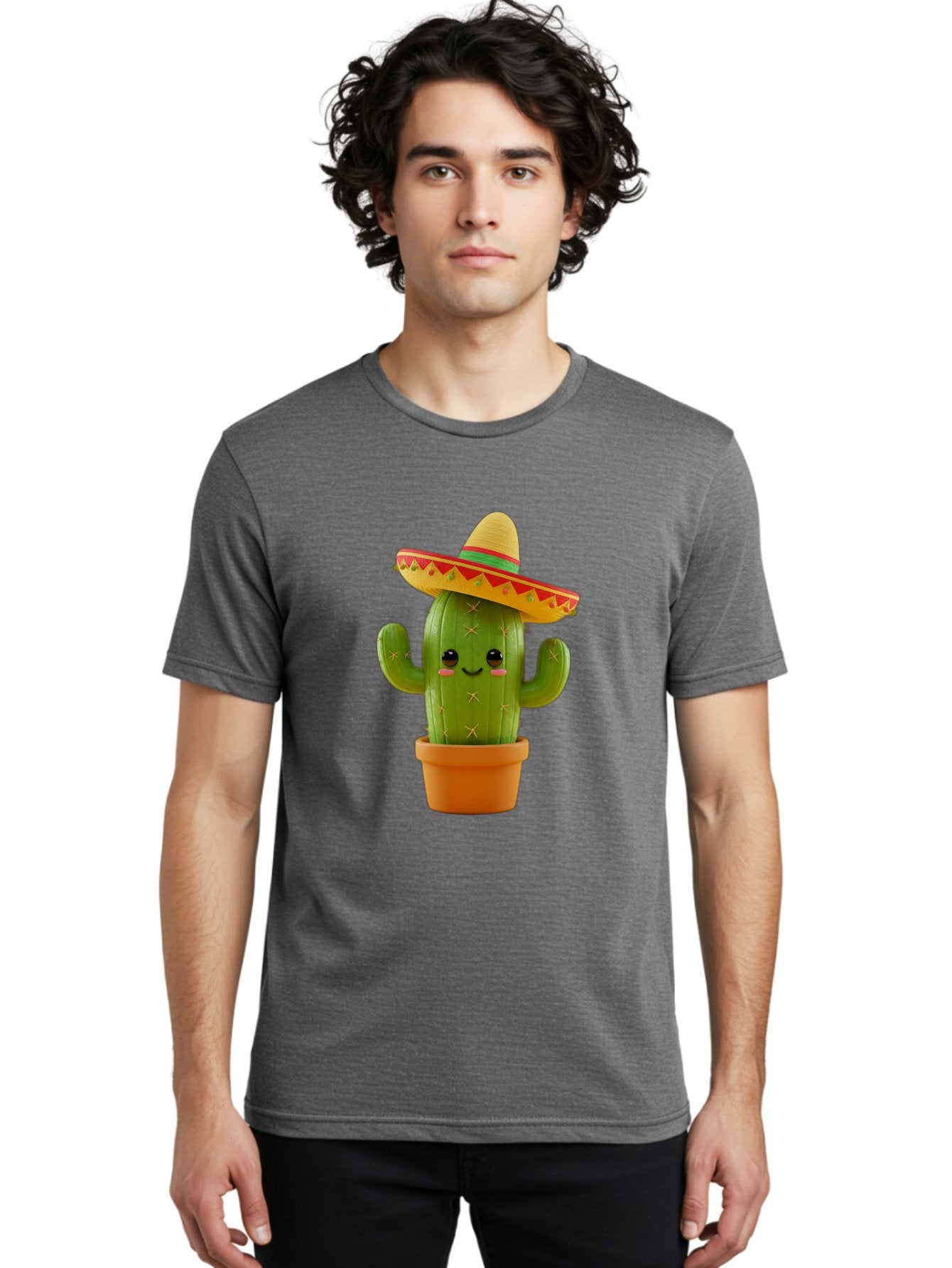 Cactus-In-Sombrero Men'S Graphic Tee, 100% Cotton, Comfortable Casual Summer Wear, Machine Washable, Cartoon Cactus, Smiling Face, Sombrero Hat, Terracotta Pot, Festive Decor, Mexican Culture, Fun Design, Vibrant Colors, Kawaii Style Bac750 24