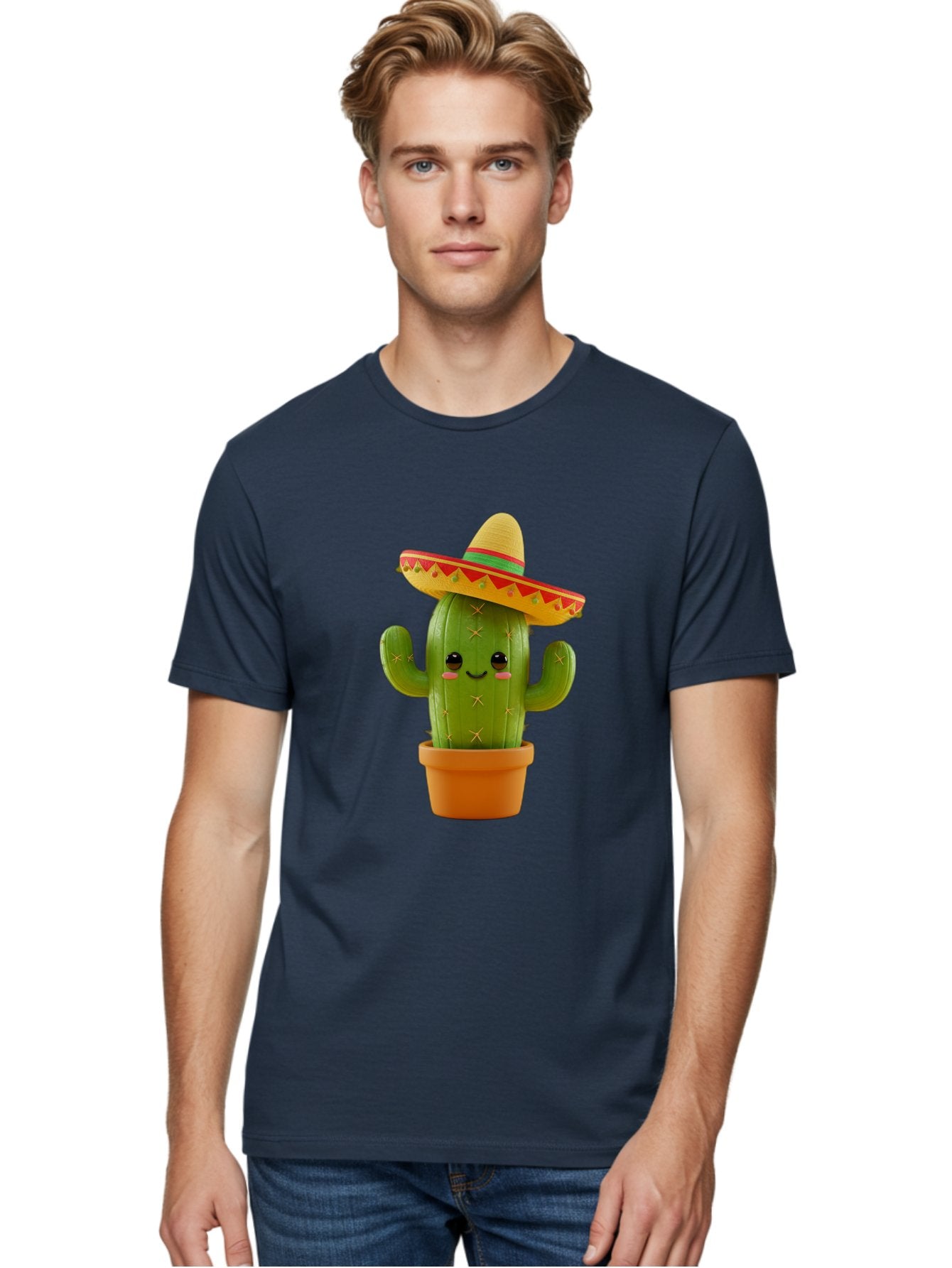 Cactus-In-Sombrero Men'S Graphic Tee, 100% Cotton, Comfortable Casual Summer Wear, Machine Washable, Cartoon Cactus, Smiling Face, Sombrero Hat, Terracotta Pot, Festive Decor, Mexican Culture, Fun Design, Vibrant Colors, Kawaii Style Bac750 20