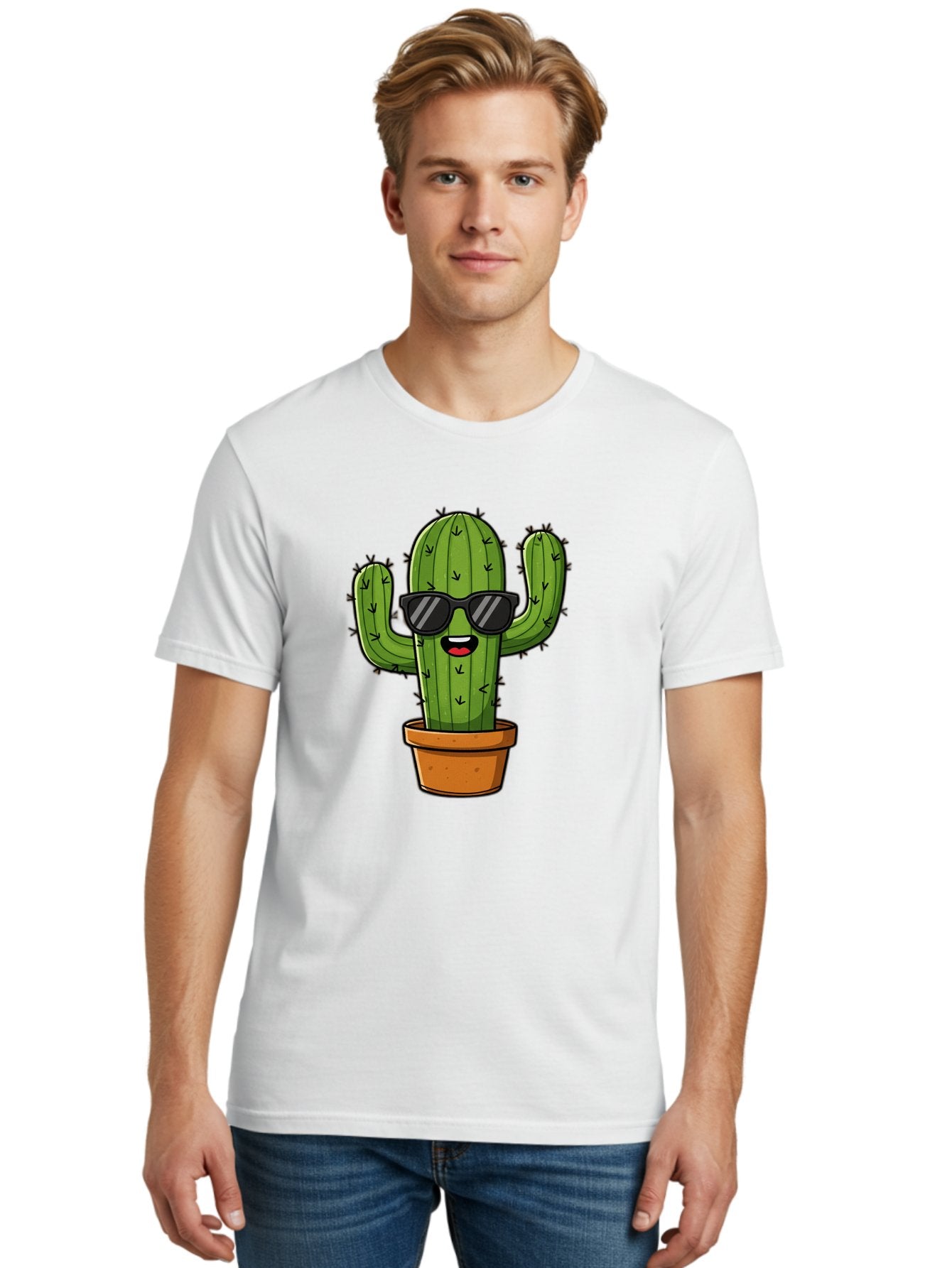 Cactus-In-Sunglasses-1 Men'S Graphic Tee, 100% Cotton, Comfortable Casual Summer Wear, Machine Washable, Cartoon Cactus, Pot, Sunglasses, Happy Face, Spiky Texture, Trendy Decor, Quirky Charm, Fun Design, Humorous Vibe, Cool Cactus, Bac751 21