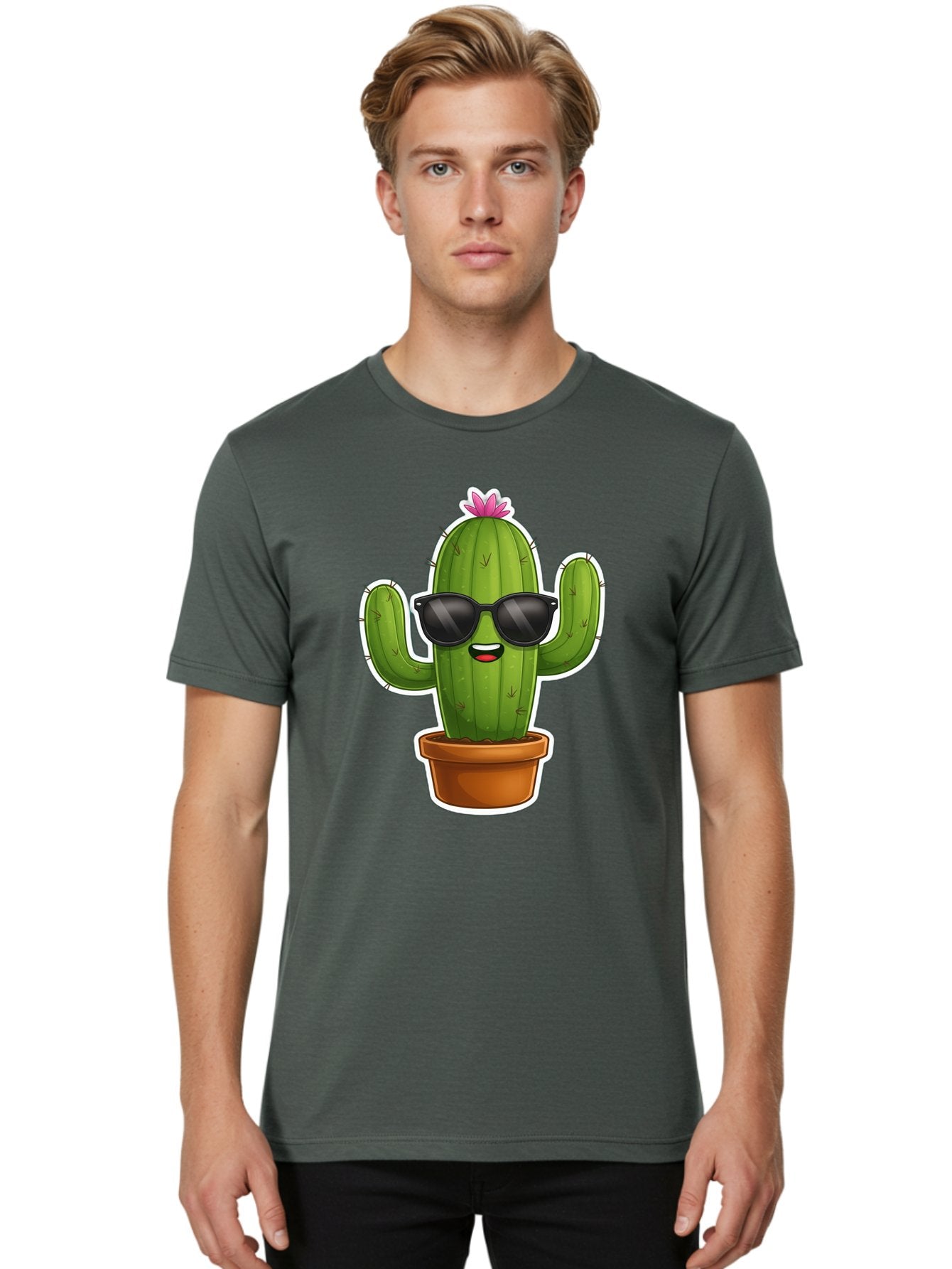 Cactus-In-Sunglasses Men'S Graphic Tee, 100% Cotton, Comfortable Casual Summer Wear, Machine Washable, Cartoon Cactus, Sunglasses, Cool Cactus, Potted Plant, Desert Humor, Fun Character, Quirky Illustration, Cactus Love, Trendy Graphics Bac752 28
