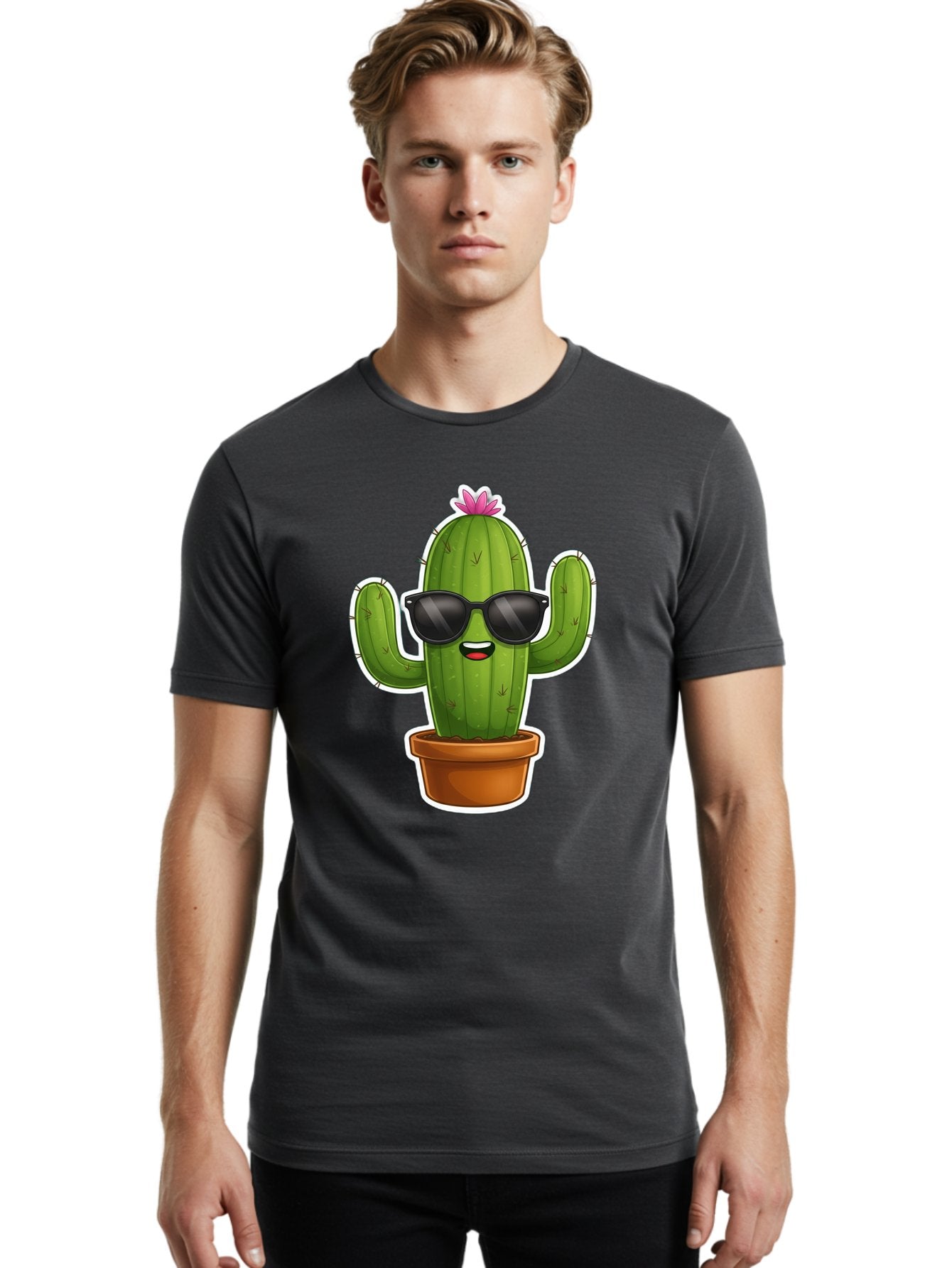 Cactus-In-Sunglasses Men'S Graphic Tee, 100% Cotton, Comfortable Casual Summer Wear, Machine Washable, Cartoon Cactus, Sunglasses, Cool Cactus, Potted Plant, Desert Humor, Fun Character, Quirky Illustration, Cactus Love, Trendy Graphics Bac752 25