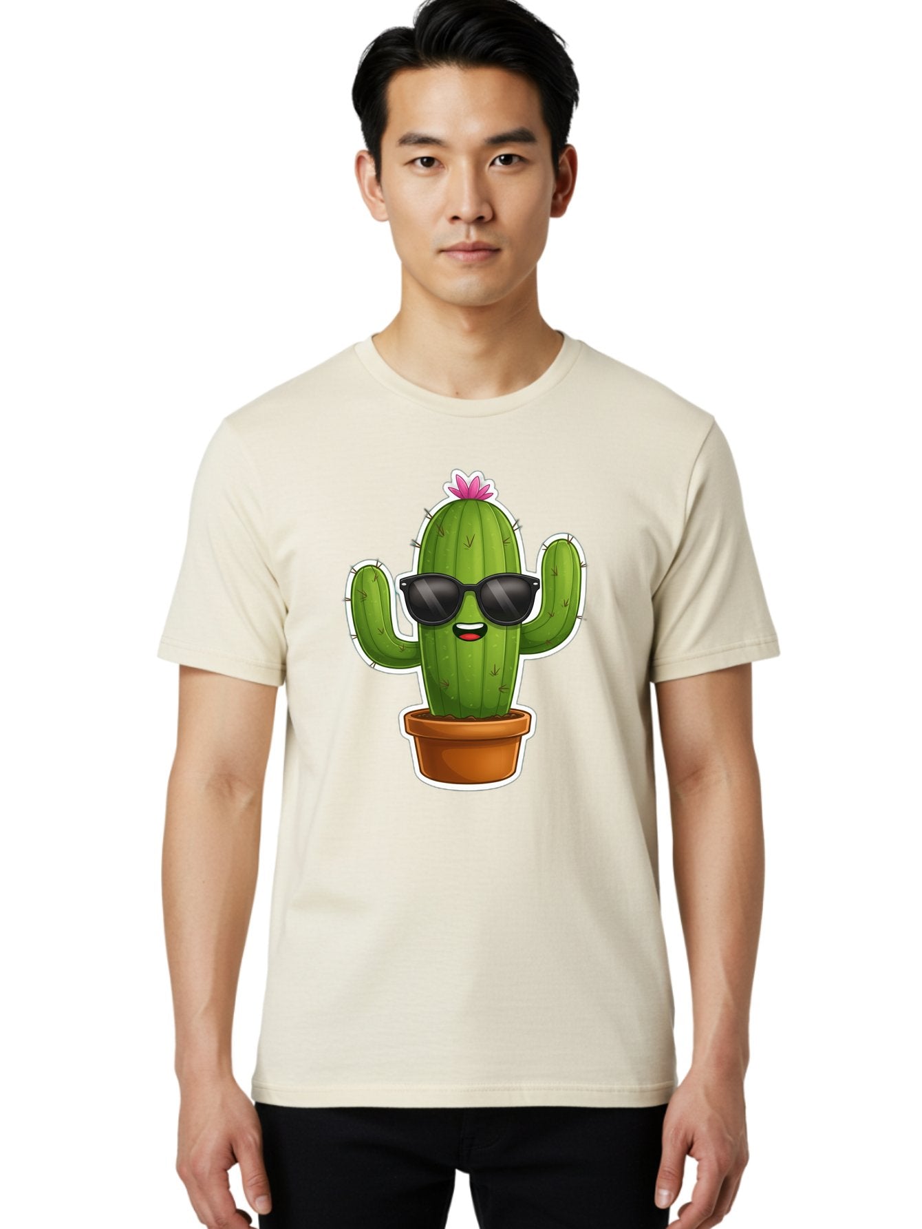 Cactus-In-Sunglasses Men'S Graphic Tee, 100% Cotton, Comfortable Casual Summer Wear, Machine Washable, Cartoon Cactus, Sunglasses, Cool Cactus, Potted Plant, Desert Humor, Fun Character, Quirky Illustration, Cactus Love, Trendy Graphics Bac752 22