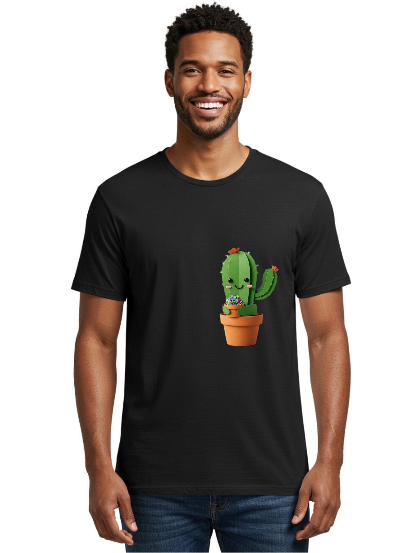 Cactus-Kawaii Men'S Graphic Tee, 100% Cotton, Comfortable Casual Summer Wear, Machine Washable, Cartoon Cactus, Cuddly Character, Pot Of Candy, Smiling Face, Cute Design, Adorable Illustration, Kawaii Art Bac753 25