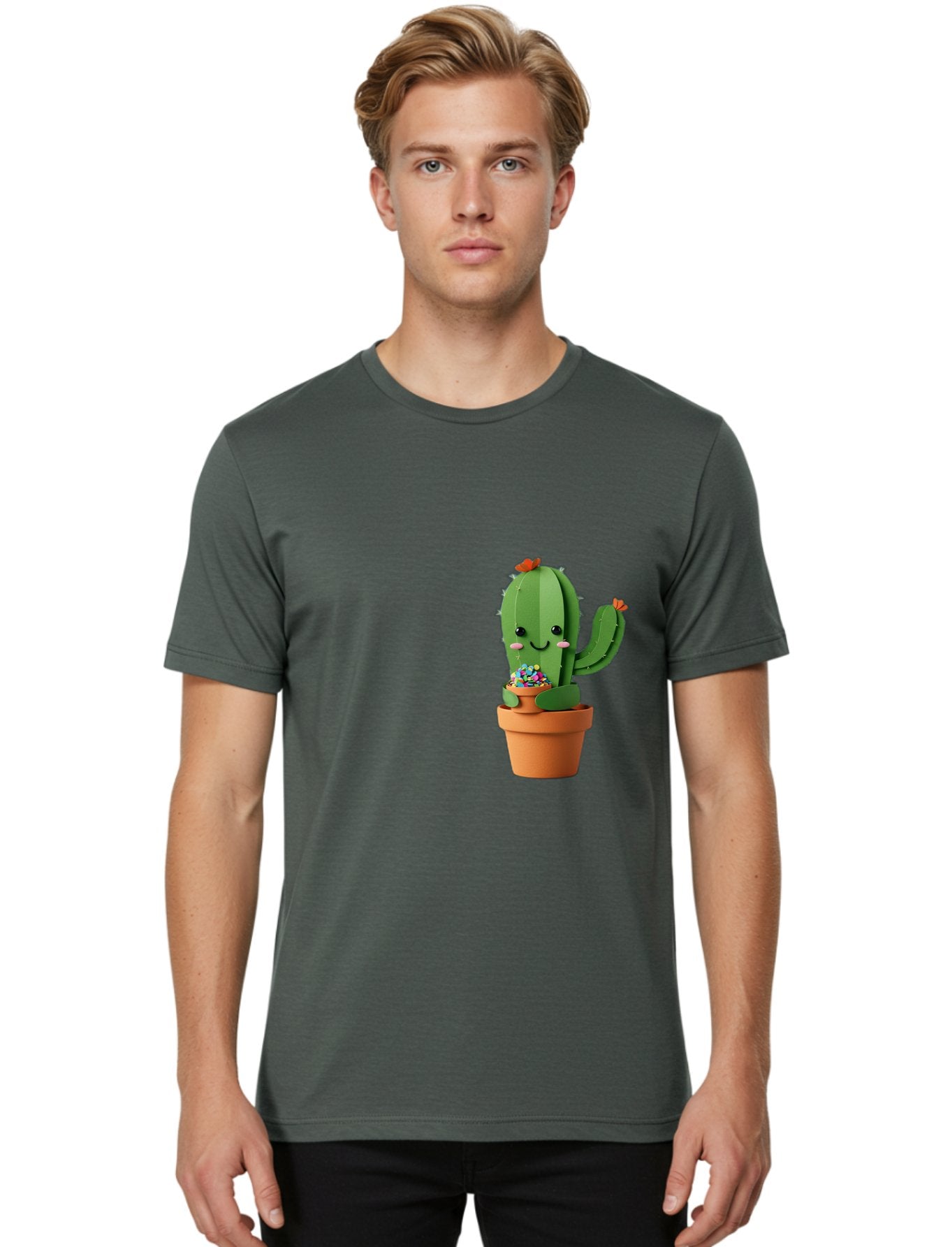 Cactus-Kawaii Men'S Graphic Tee, 100% Cotton, Comfortable Casual Summer Wear, Machine Washable, Cartoon Cactus, Cuddly Character, Pot Of Candy, Smiling Face, Cute Design, Adorable Illustration, Kawaii Art Bac753 17