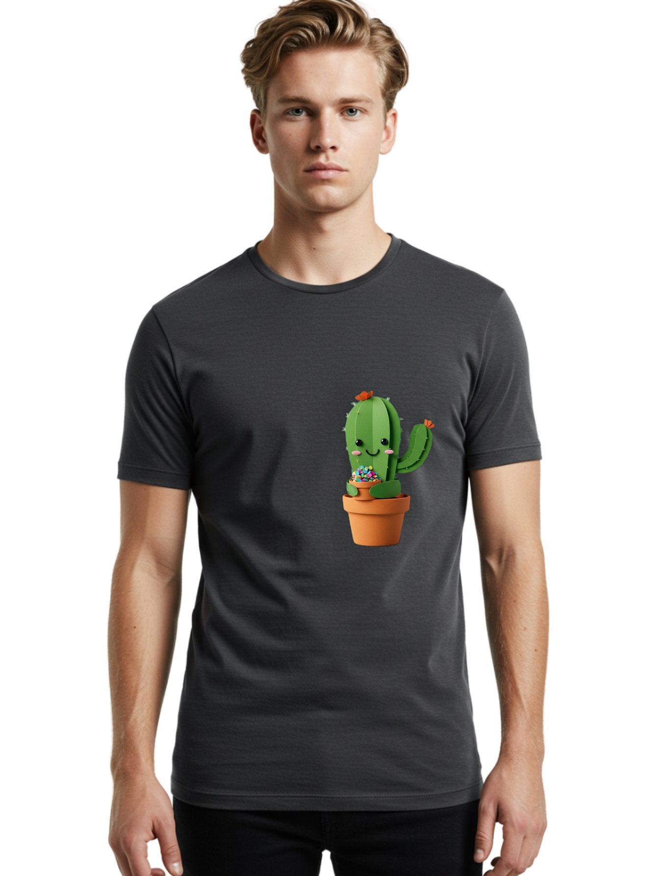 Cactus-Kawaii Men'S Graphic Tee, 100% Cotton, Comfortable Casual Summer Wear, Machine Washable, Cartoon Cactus, Cuddly Character, Pot Of Candy, Smiling Face, Cute Design, Adorable Illustration, Kawaii Art Bac753 27