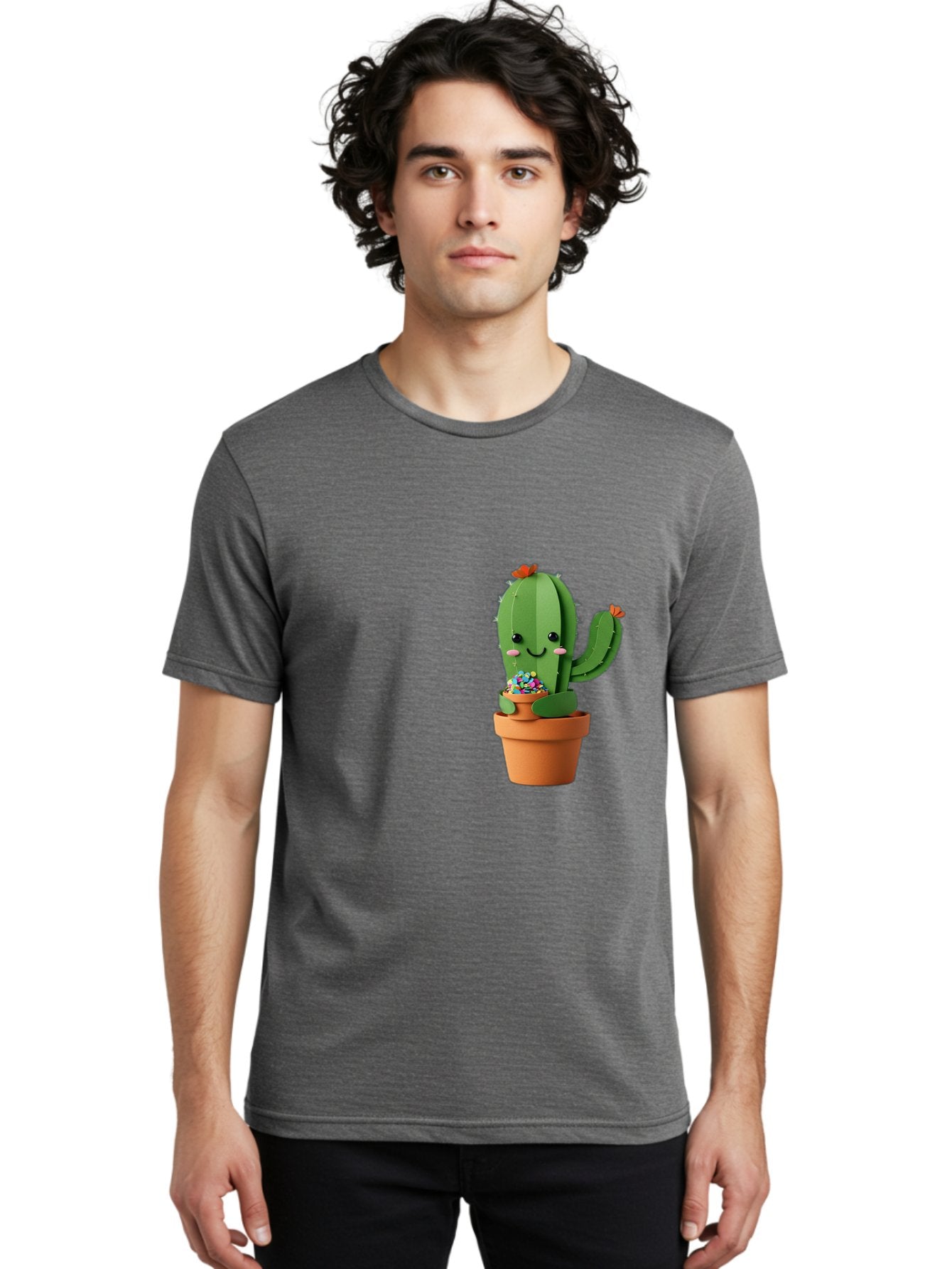 Cactus-Kawaii Men'S Graphic Tee, 100% Cotton, Comfortable Casual Summer Wear, Machine Washable, Cartoon Cactus, Cuddly Character, Pot Of Candy, Smiling Face, Cute Design, Adorable Illustration, Kawaii Art Bac753 18