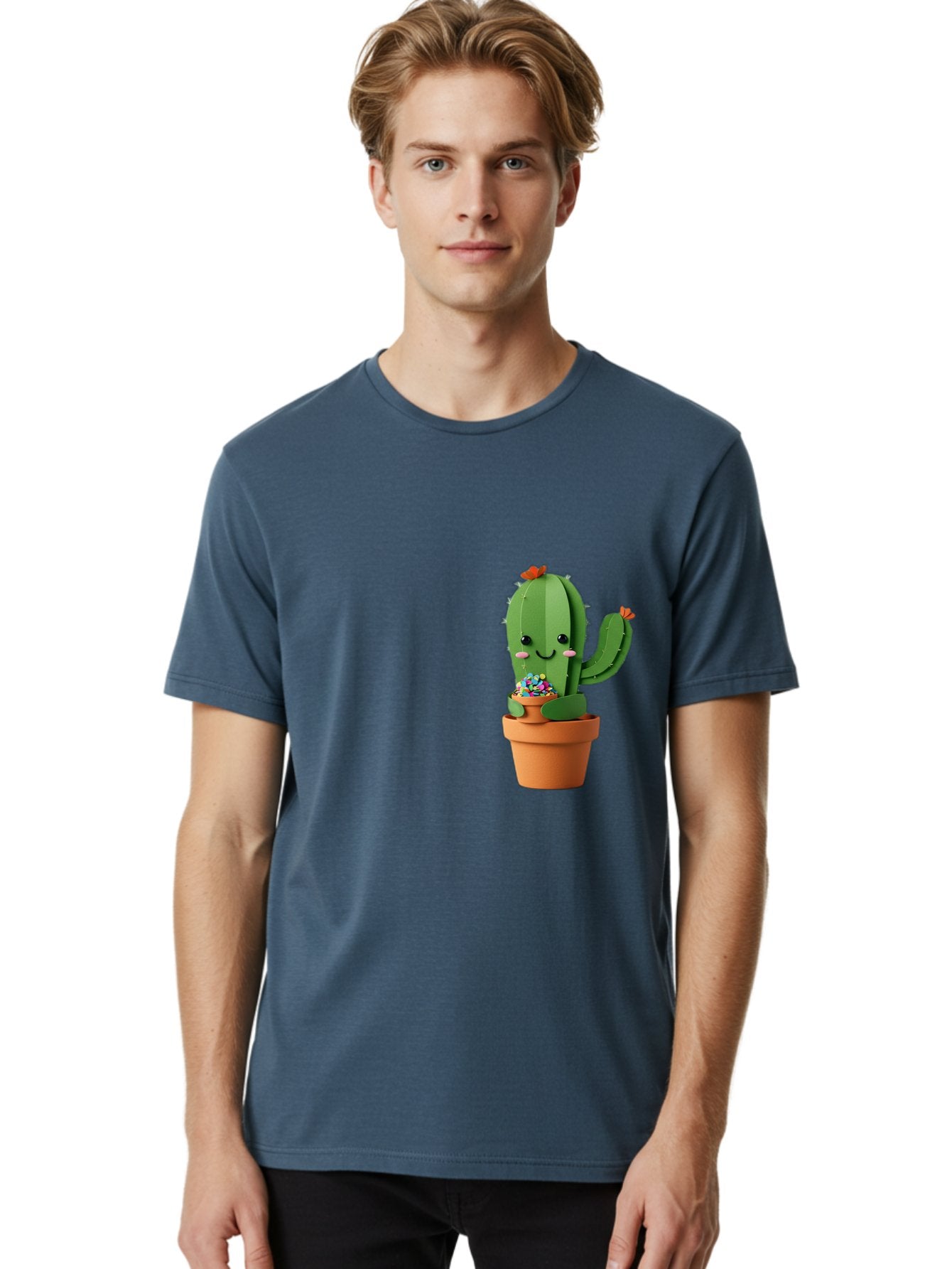 Cactus-Kawaii Men'S Graphic Tee, 100% Cotton, Comfortable Casual Summer Wear, Machine Washable, Cartoon Cactus, Cuddly Character, Pot Of Candy, Smiling Face, Cute Design, Adorable Illustration, Kawaii Art Bac753 21