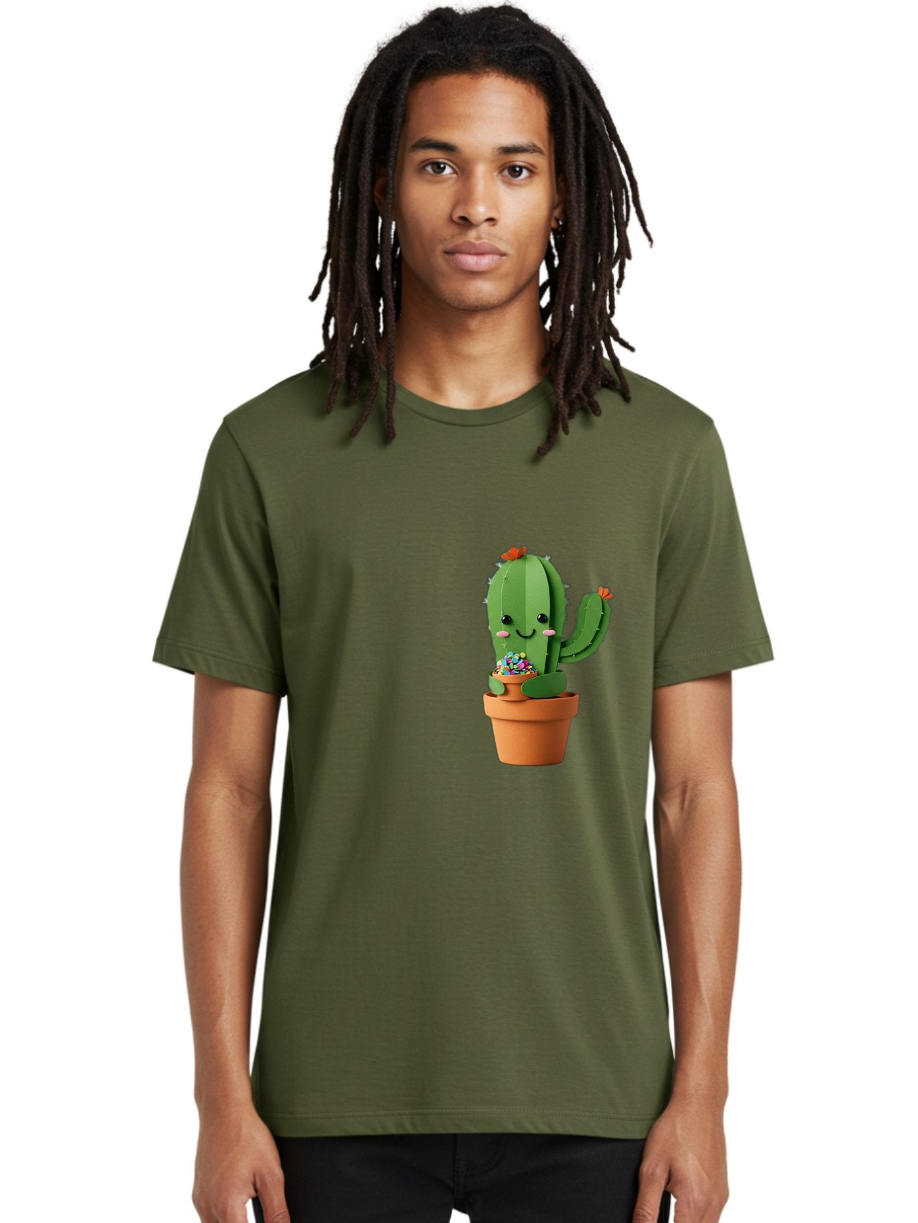 Cactus-Kawaii Men'S Graphic Tee, 100% Cotton, Comfortable Casual Summer Wear, Machine Washable, Cartoon Cactus, Cuddly Character, Pot Of Candy, Smiling Face, Cute Design, Adorable Illustration, Kawaii Art Bac753 24