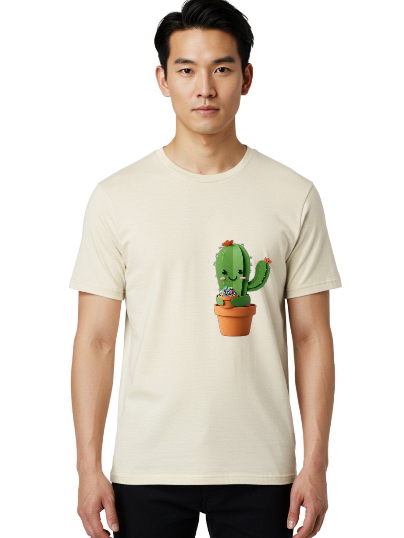 Cactus-Kawaii Men'S Graphic Tee, 100% Cotton, Comfortable Casual Summer Wear, Machine Washable, Cartoon Cactus, Cuddly Character, Pot Of Candy, Smiling Face, Cute Design, Adorable Illustration, Kawaii Art Bac753 20