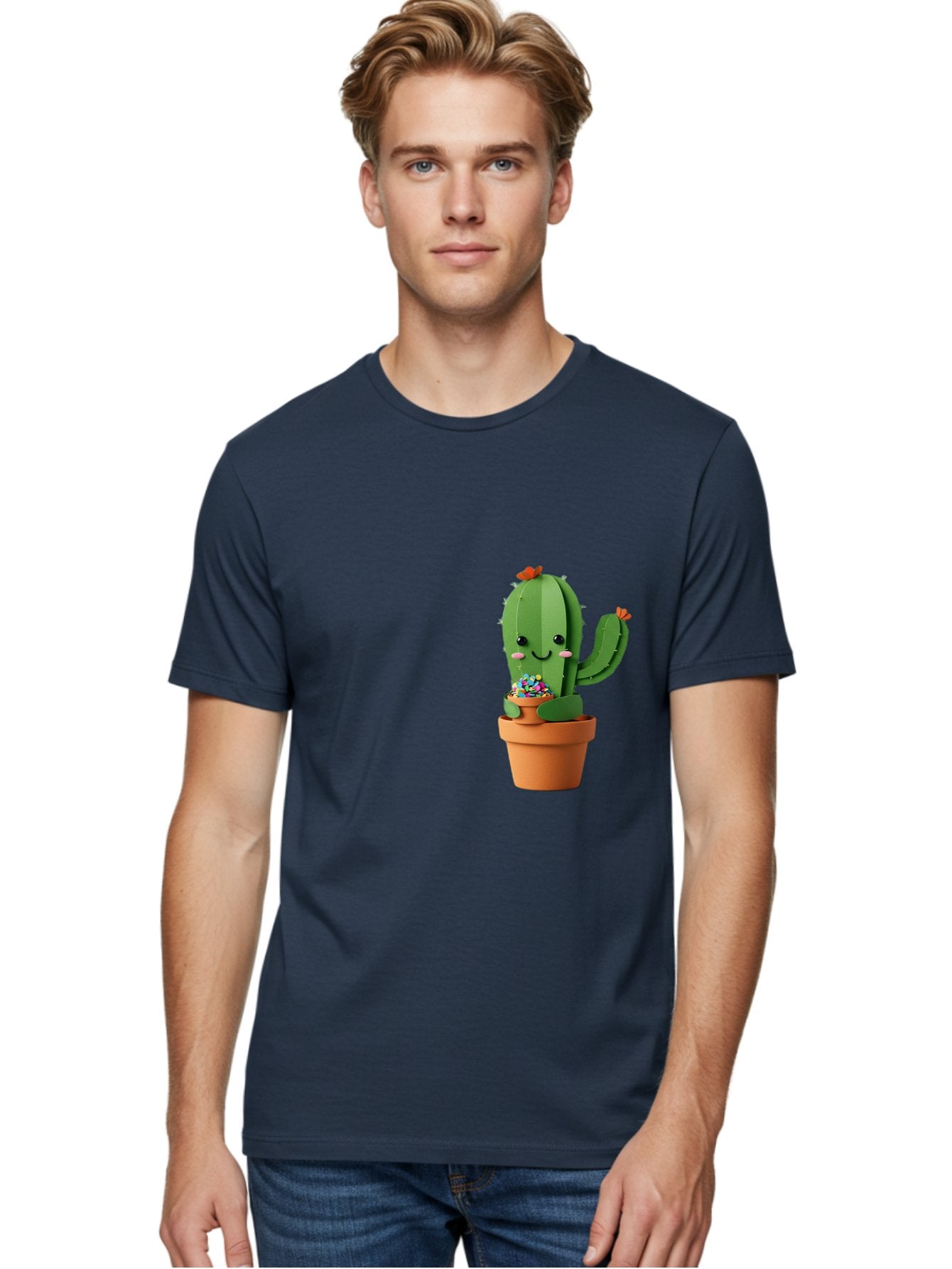 Cactus-Kawaii Men'S Graphic Tee, 100% Cotton, Comfortable Casual Summer Wear, Machine Washable, Cartoon Cactus, Cuddly Character, Pot Of Candy, Smiling Face, Cute Design, Adorable Illustration, Kawaii Art Bac753 22